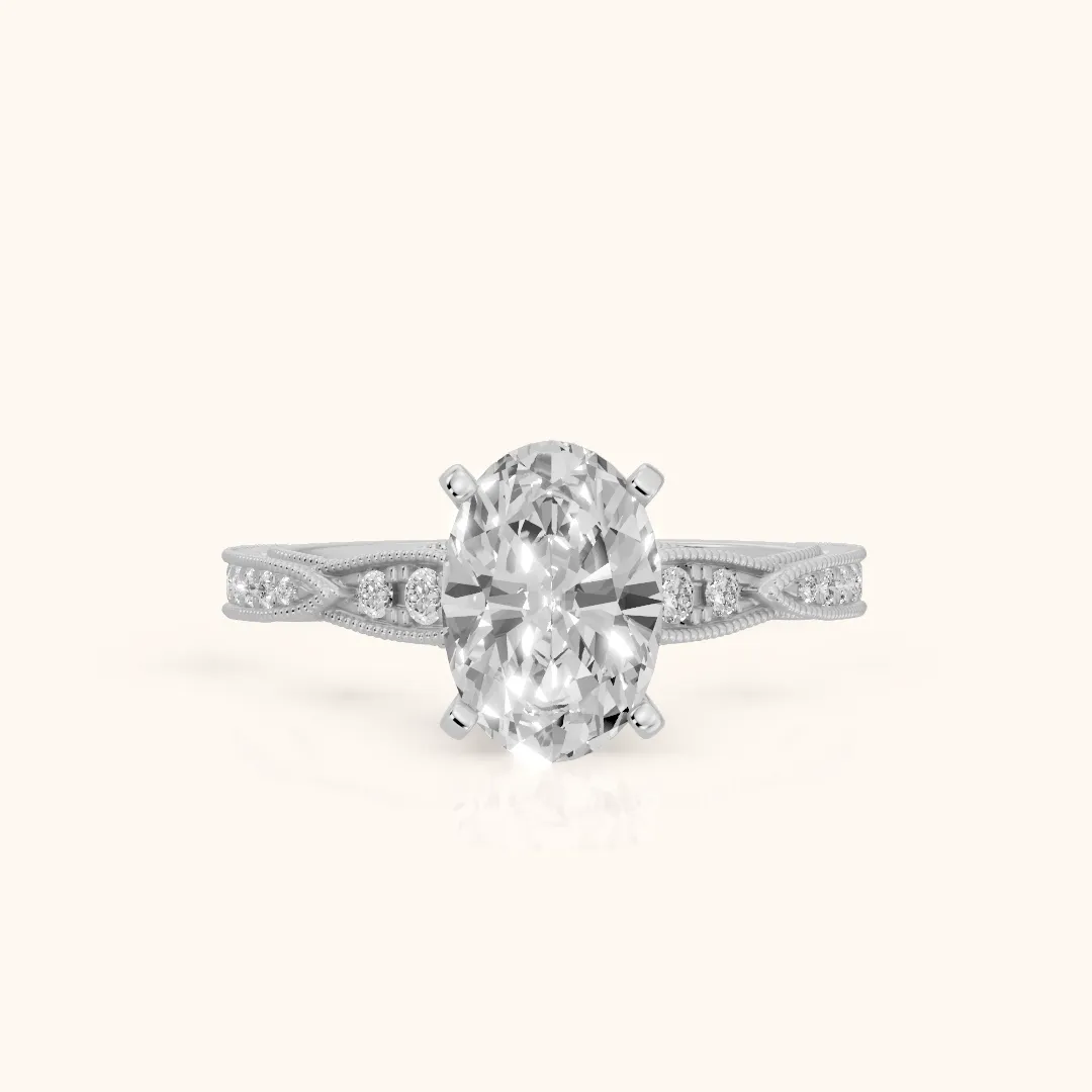 Lucette Scalloped Milgrain Oval Diamond Engagement Ring in White Gold — view 2
