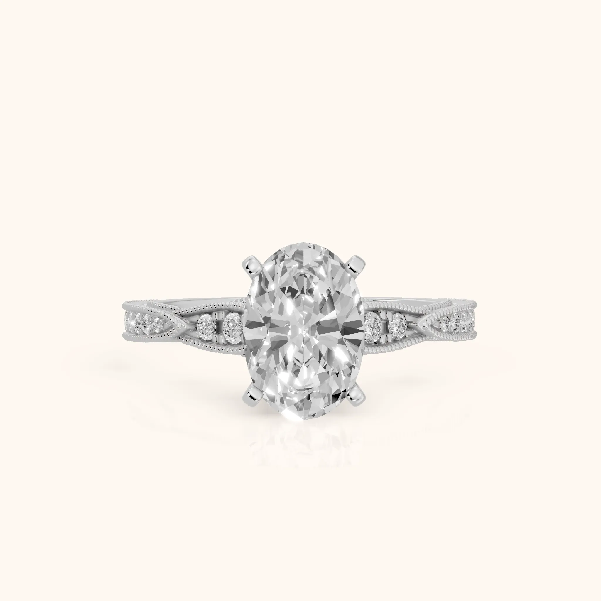 Lucette Scalloped Milgrain Oval Diamond Engagement Ring in White Gold — view 1