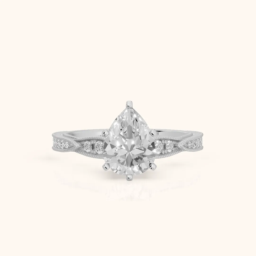 Lucette Scalloped Milgrain Pear Diamond Engagement Ring in Silver — view 2