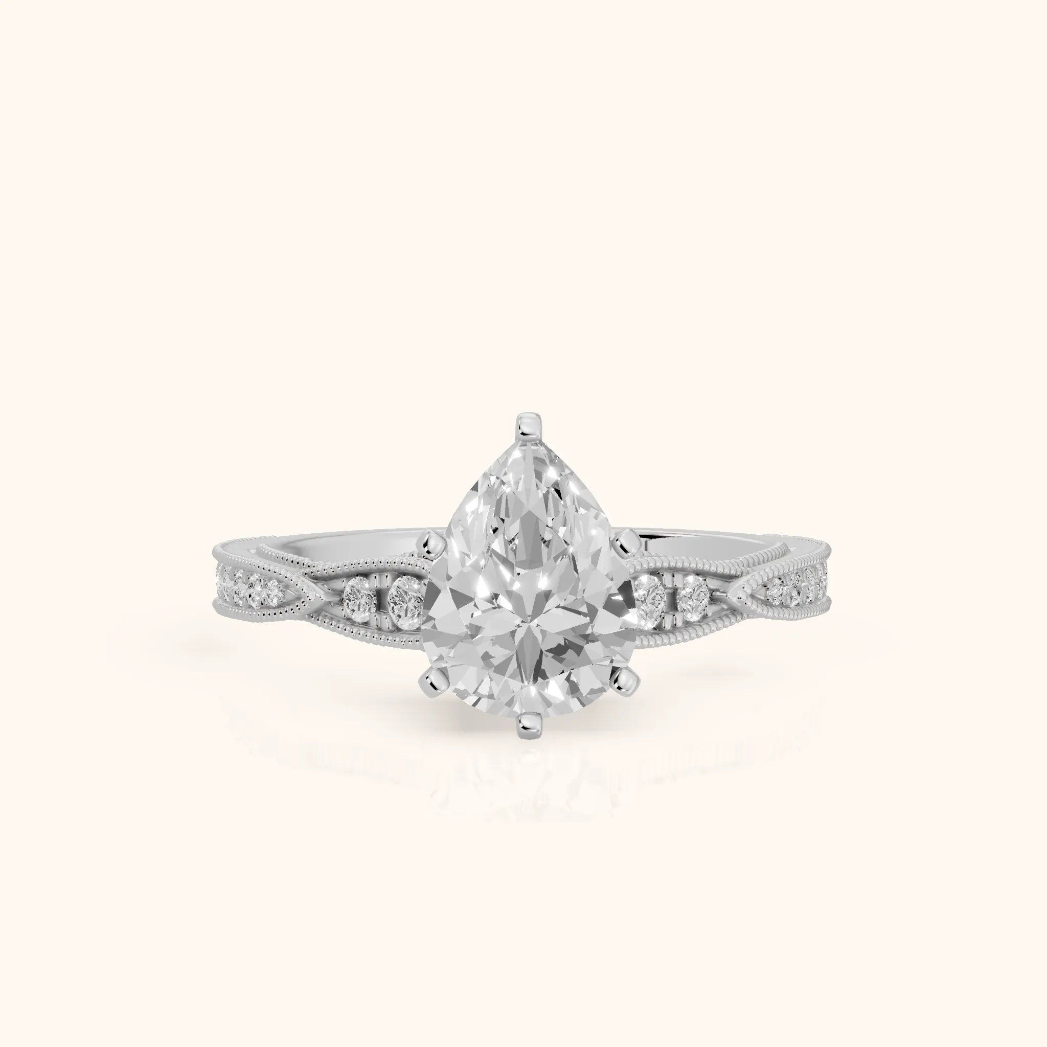 Lucette Scalloped Milgrain Pear Diamond Engagement Ring in Silver — view 1