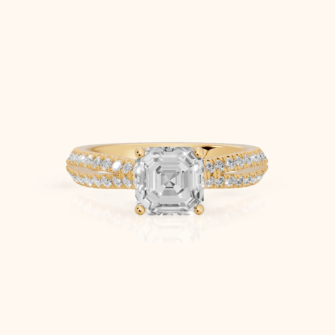 Ottilie Split Shank Pavé Asscher Diamond Engagement Ring in Yellow Gold — view 2