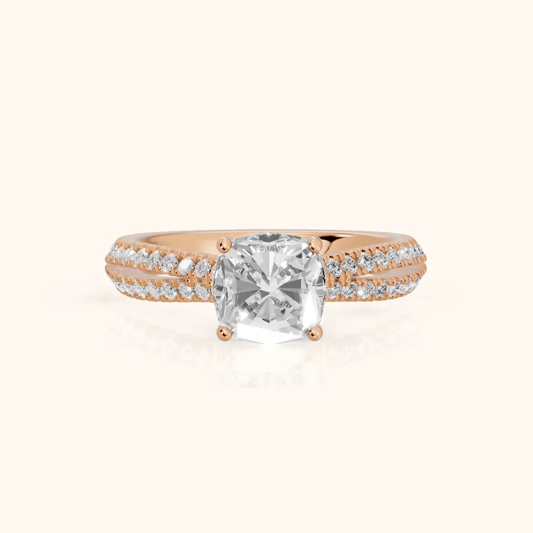 Ottilie Split Shank Pavé Cushion Diamond Engagement Ring in Rose Gold — view 2