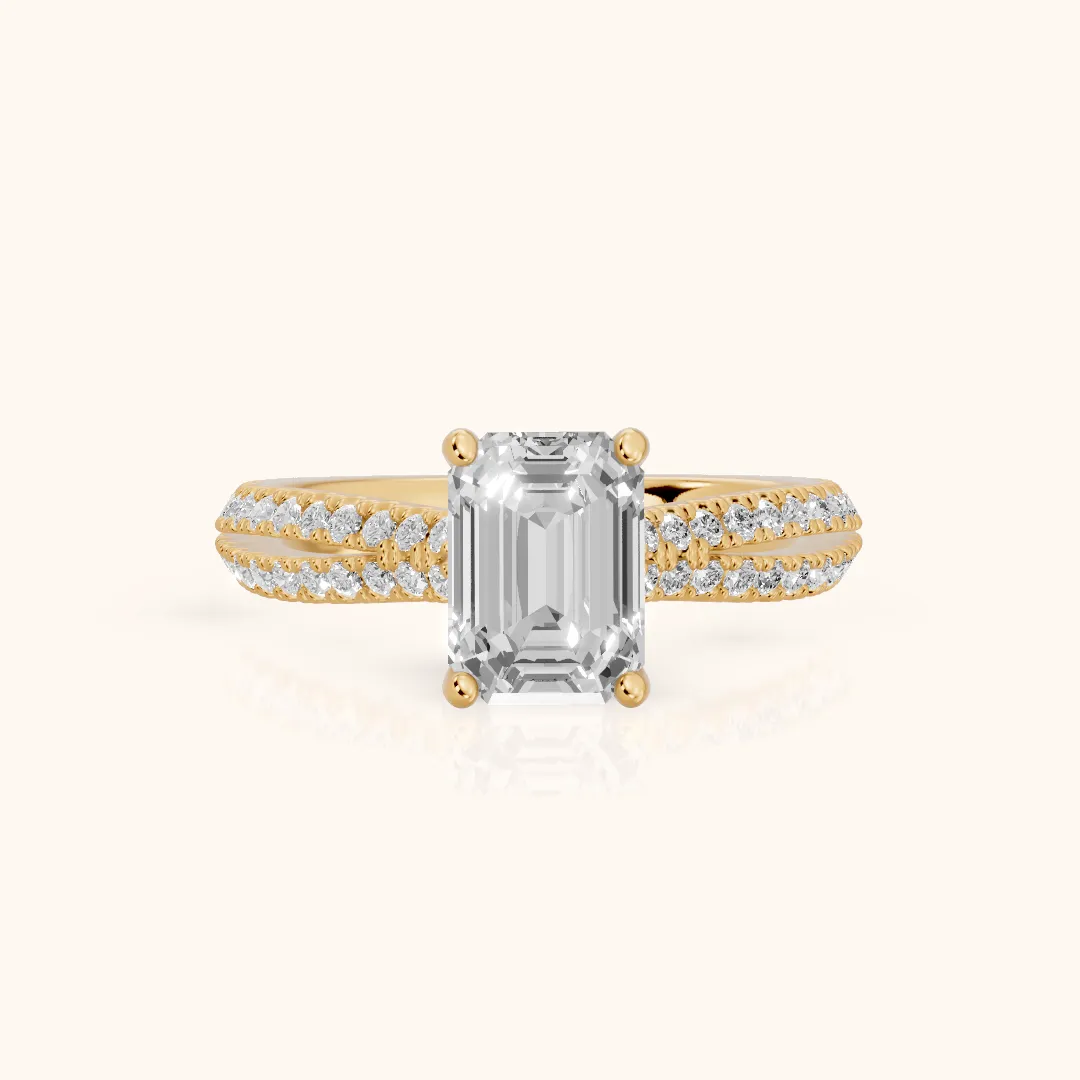 Ottilie Split Shank Pavé Emerald Diamond Engagement Ring in Yellow Gold — view 2
