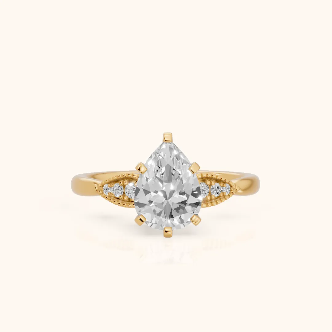Adora Vintage Milgrain Pear Diamond Engagement Ring in Yellow Gold — view 2