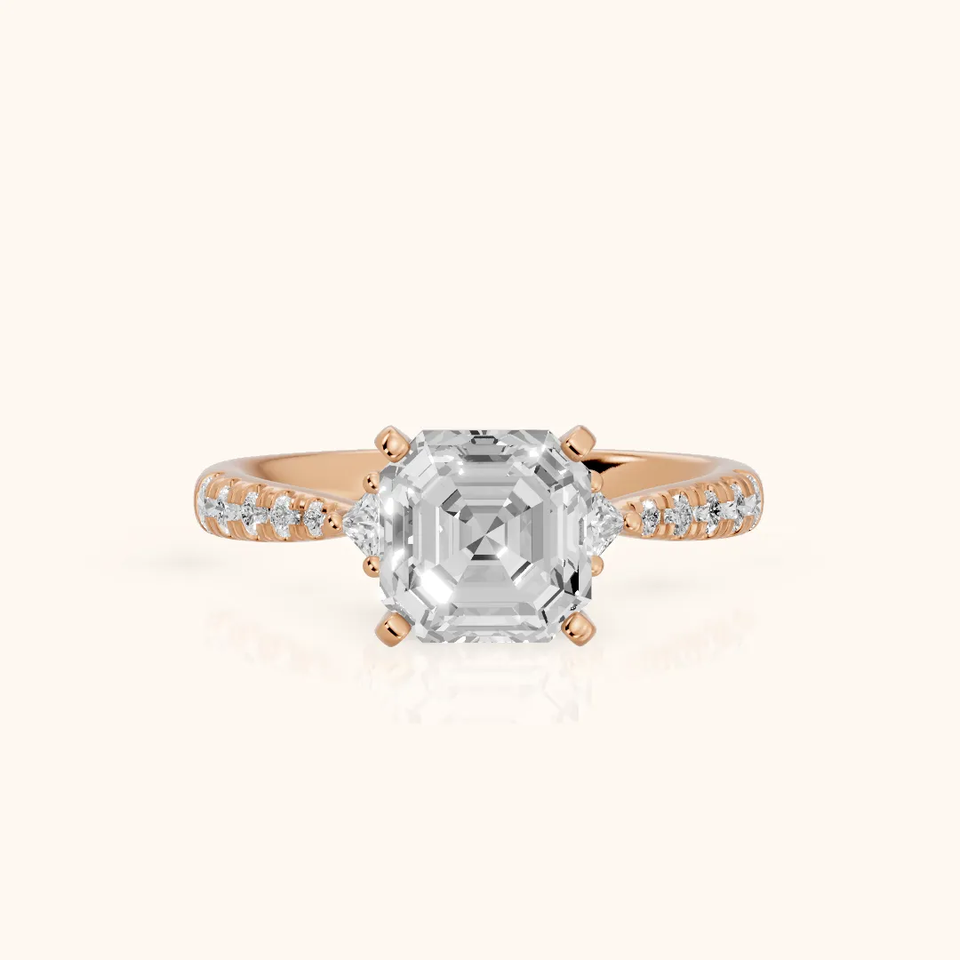 Alethea Three-Stone Pavé Asscher Diamond Engagement Ring in Rose Gold — view 2