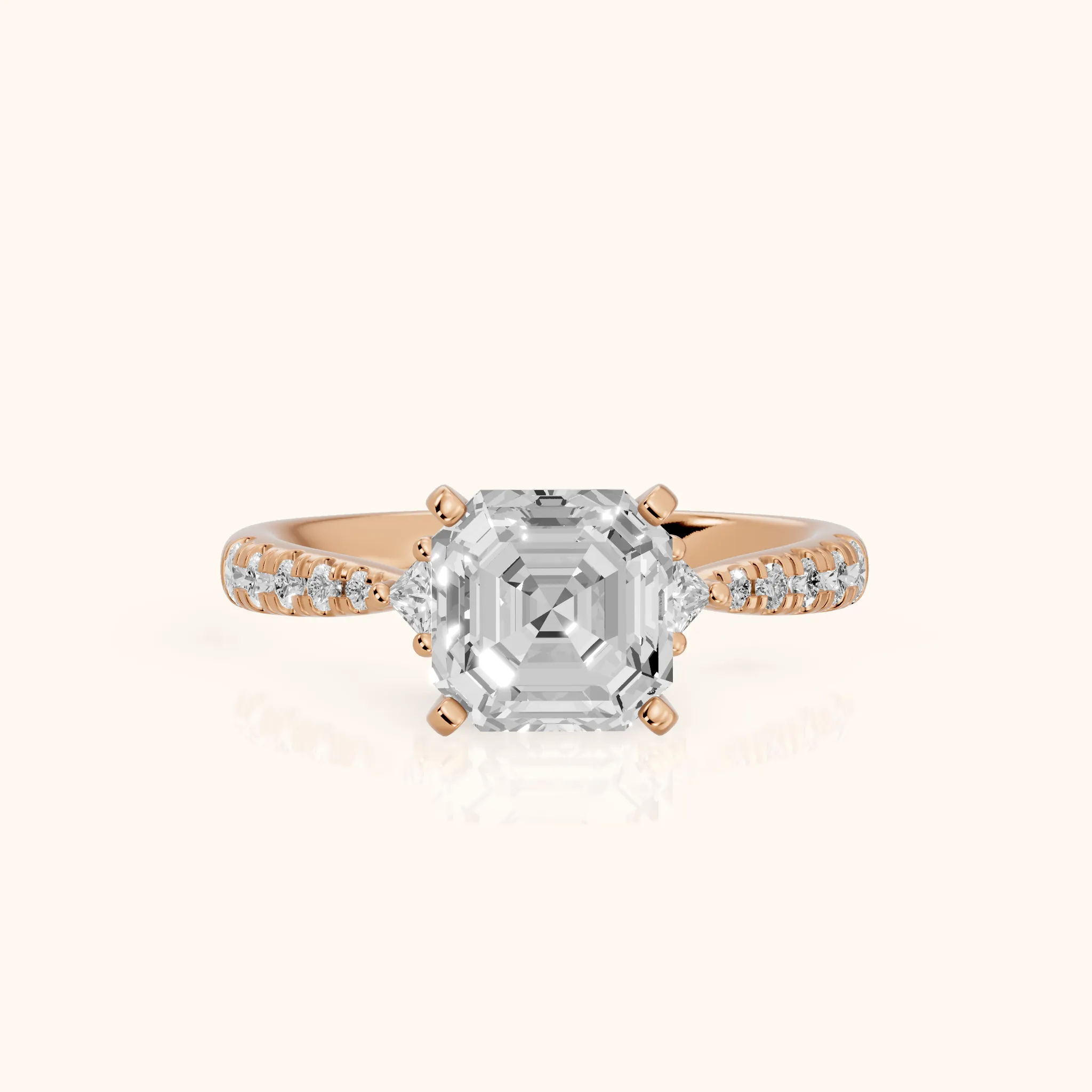 Alethea Three-Stone Pavé Asscher Diamond Engagement Ring in Rose Gold — view 1
