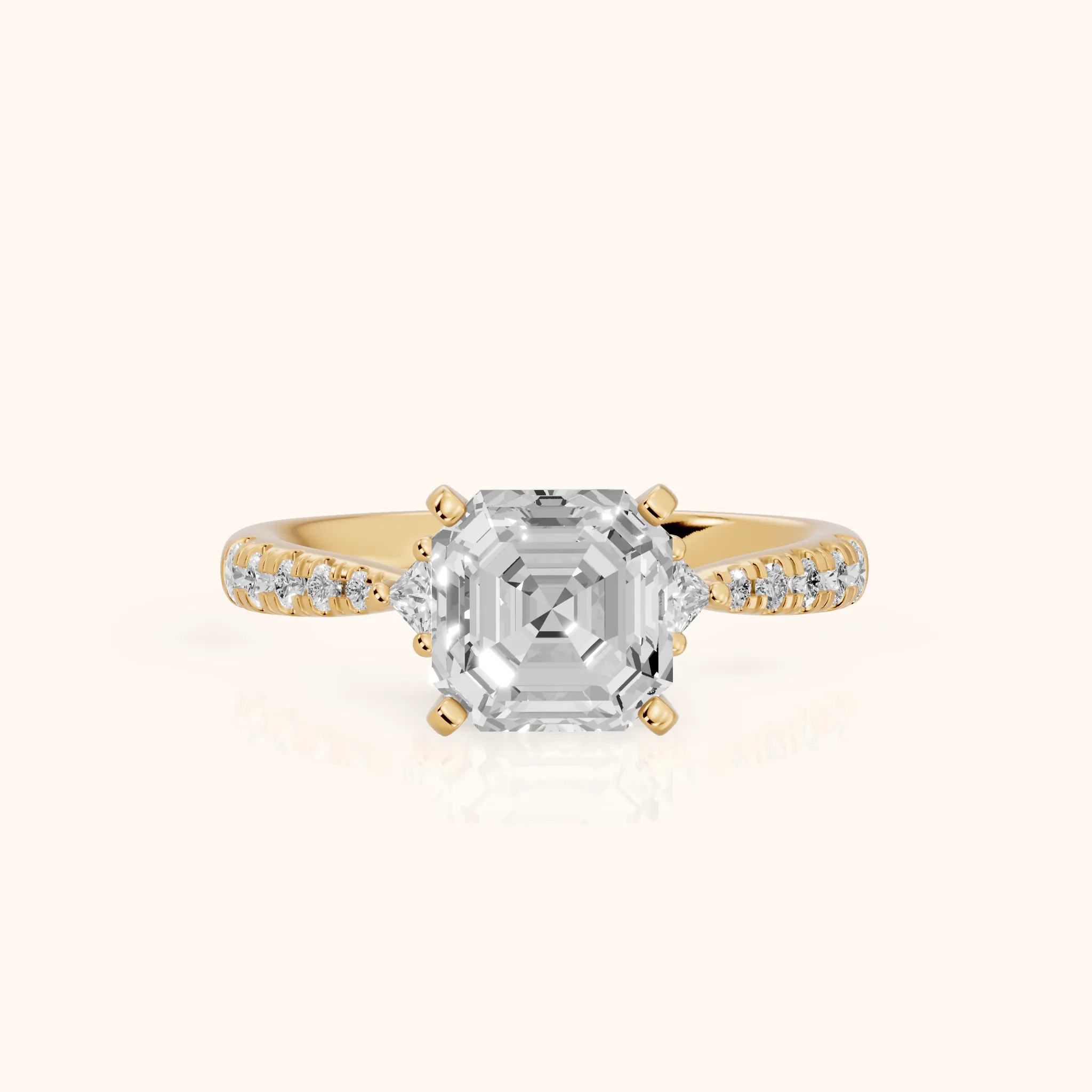 Alethea Three-Stone Pavé Asscher Diamond Engagement Ring in Yellow Gold — view 1