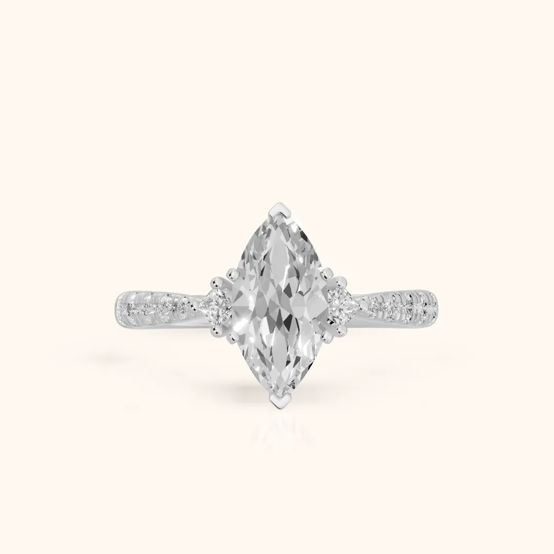 Alethea Three-Stone Pavé Marquise Diamond Engagement Ring in White Gold — view 2