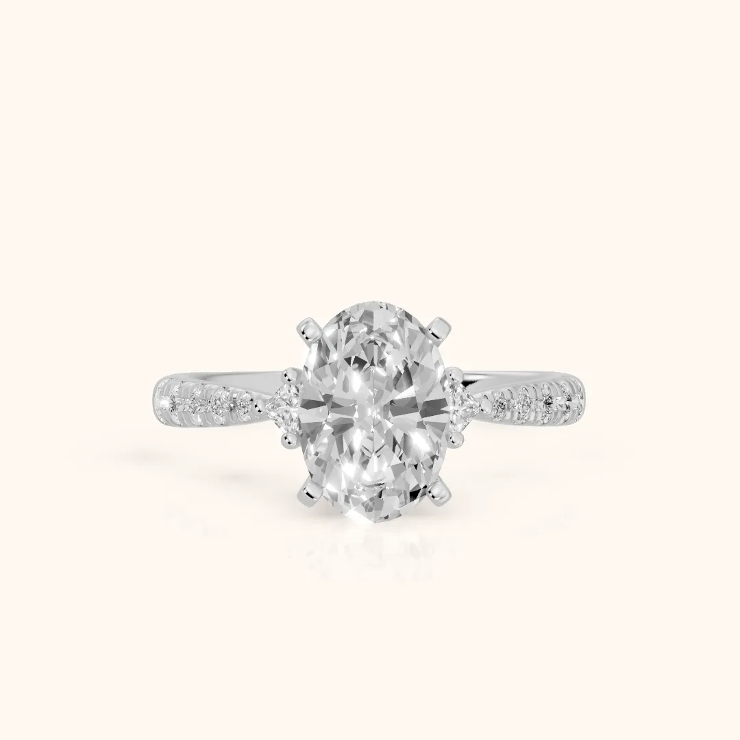 Alethea Three-Stone Pavé Oval Diamond Engagement Ring in Platinum — view 2