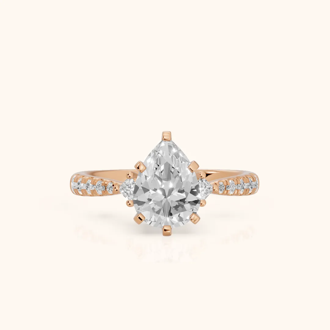 Alethea Three-Stone Pavé Pear Diamond Engagement Ring in Rose Gold — view 2
