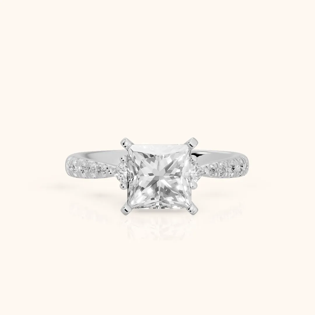 Alethea Three-Stone Pavé Princess Diamond Engagement Ring in White Gold — view 2