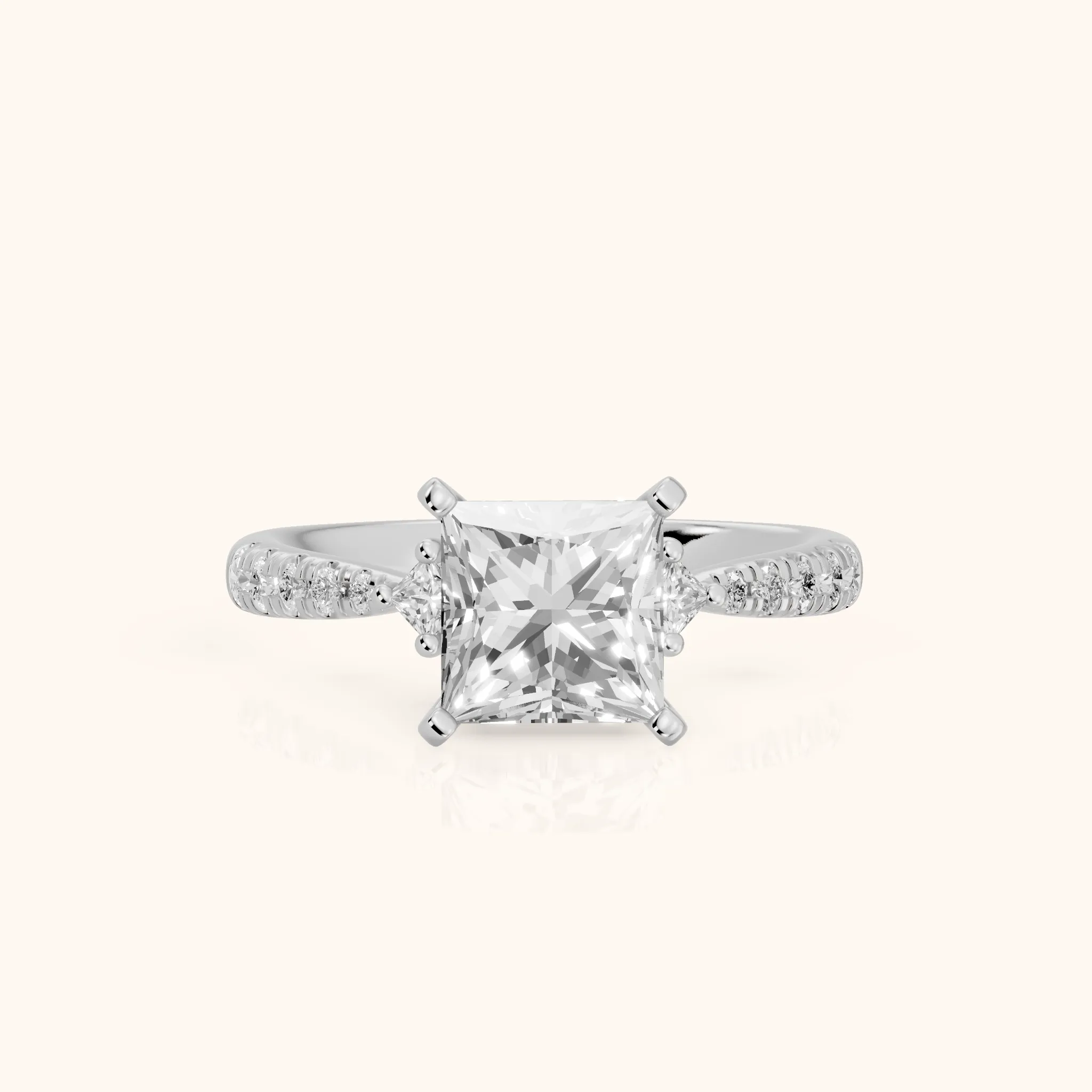 Alethea Three-Stone Pavé Princess Diamond Engagement Ring in White Gold — view 1