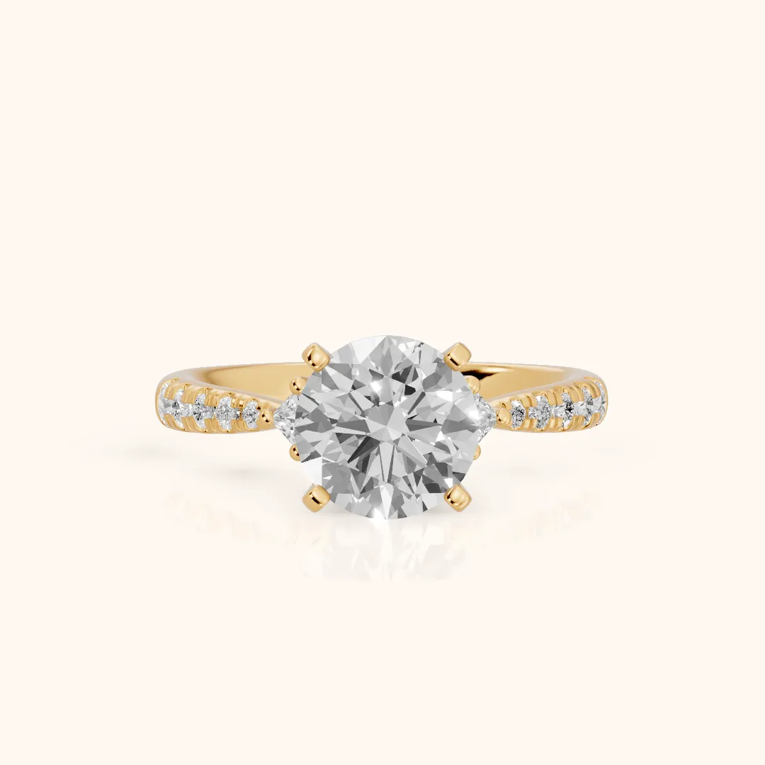 Alethea Three-Stone Pavé Round Diamond Engagement Ring in Yellow Gold — view 2