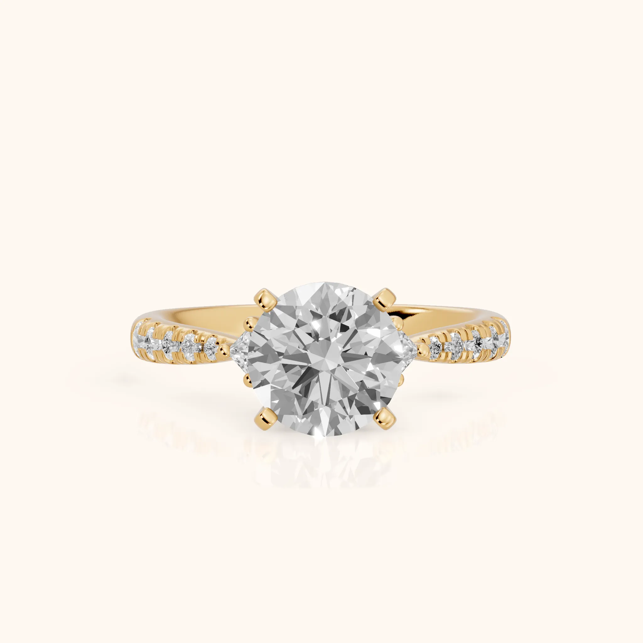 Alethea Three-Stone Pavé Round Diamond Engagement Ring in Yellow Gold — view 1
