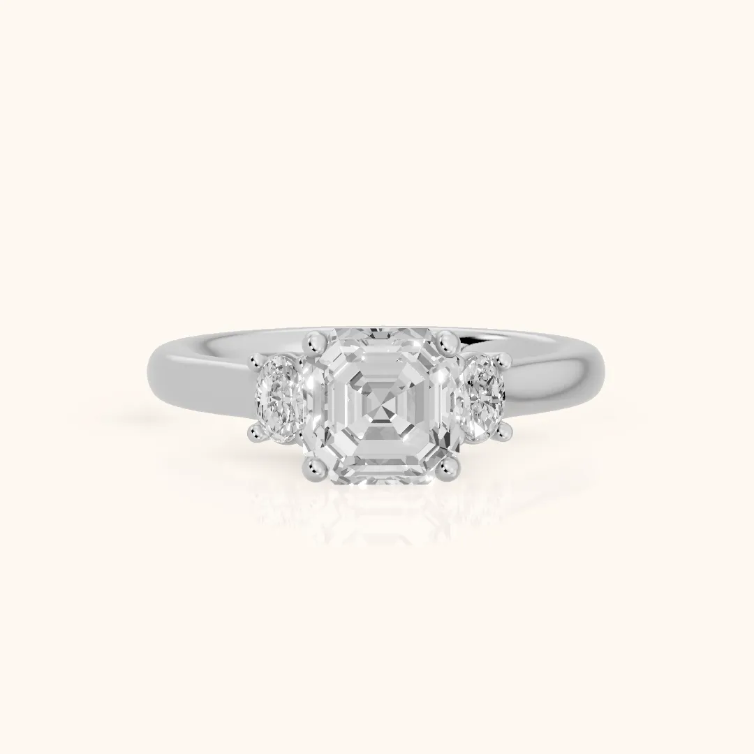 Alya Three-Stone Cathedral Asscher Diamond Engagement Ring in Silver — view 2