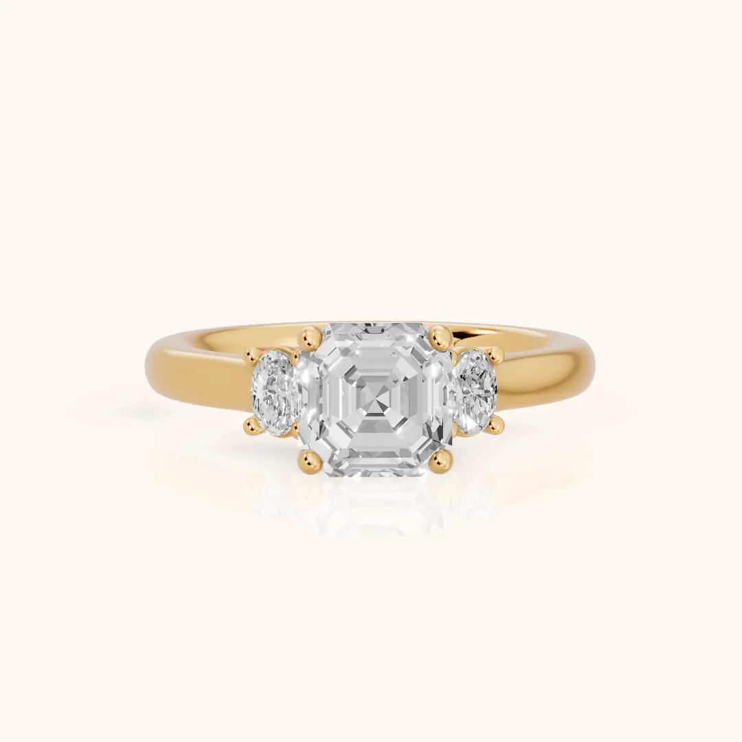 Alya Three-Stone Cathedral Asscher Diamond Engagement Ring in Yellow Gold — view 2
