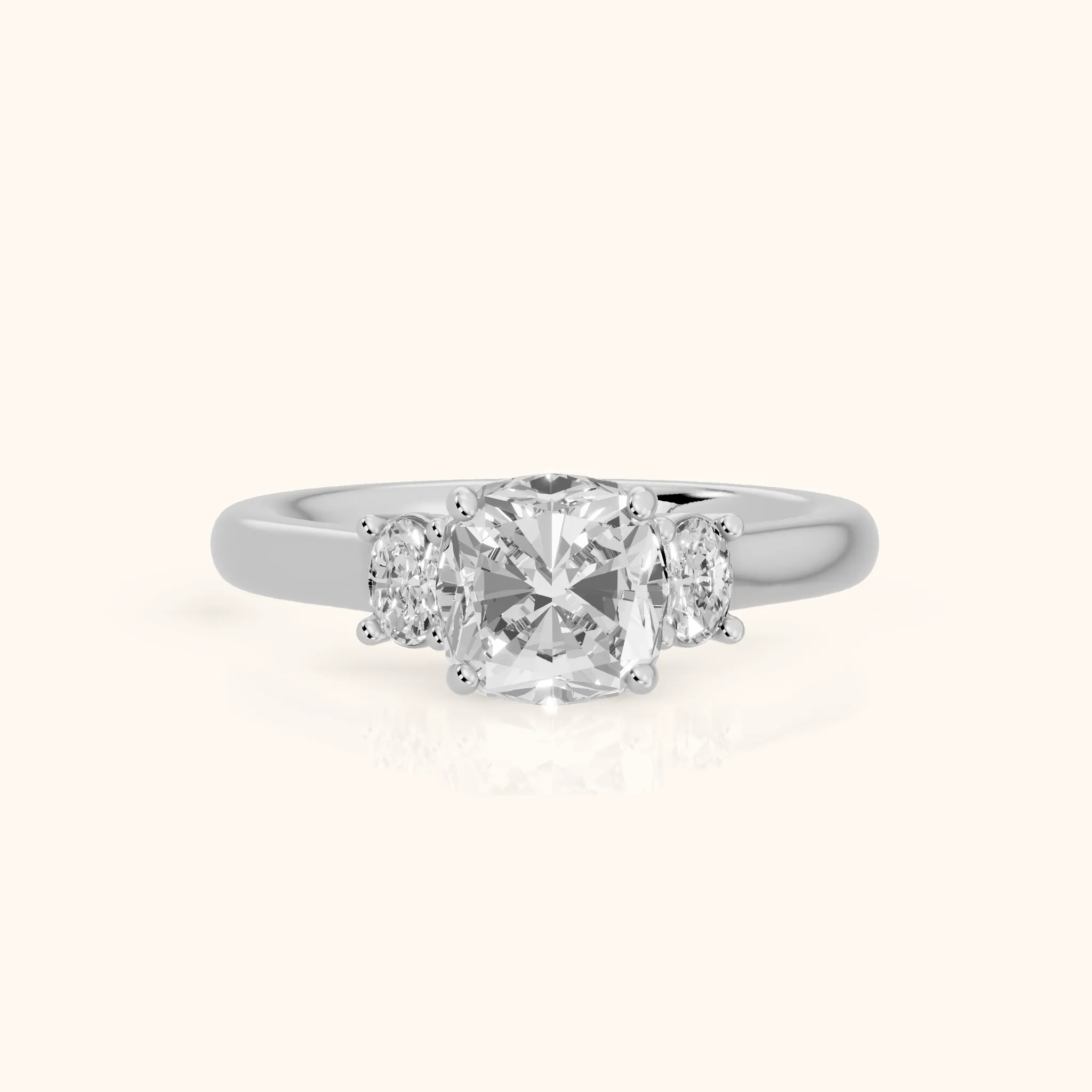 Alya Three-Stone Cathedral Cushion Diamond Engagement Ring in Platinum — view 1