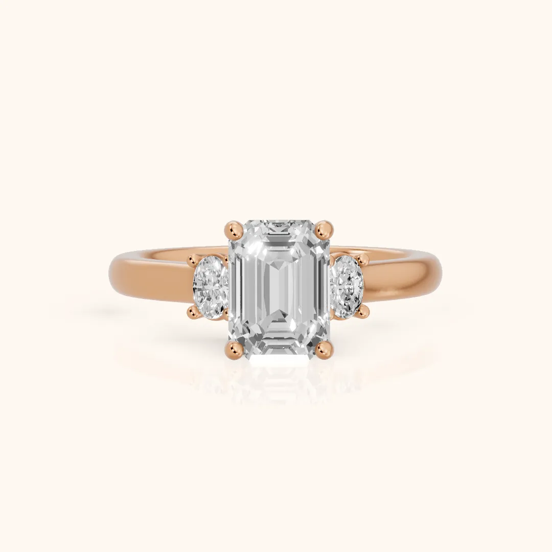 Alya Three-Stone Cathedral Emerald Diamond Engagement Ring in Rose Gold — view 2