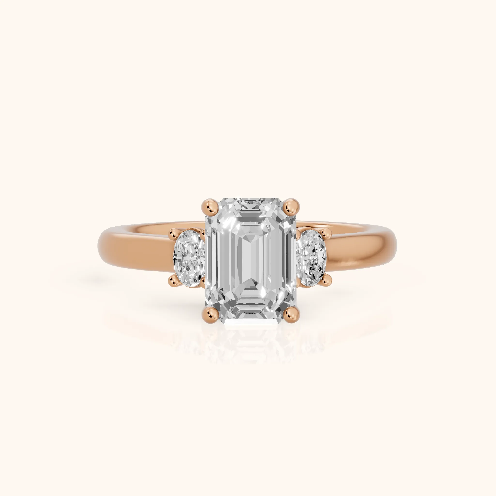Alya Three-Stone Cathedral Emerald Diamond Engagement Ring in Rose Gold — view 1
