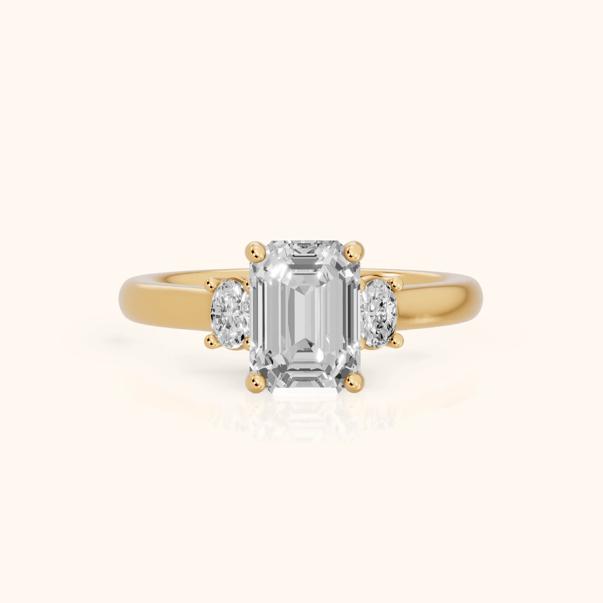 Alya Three-Stone Cathedral Emerald Diamond Engagement Ring in Yellow Gold — view 1