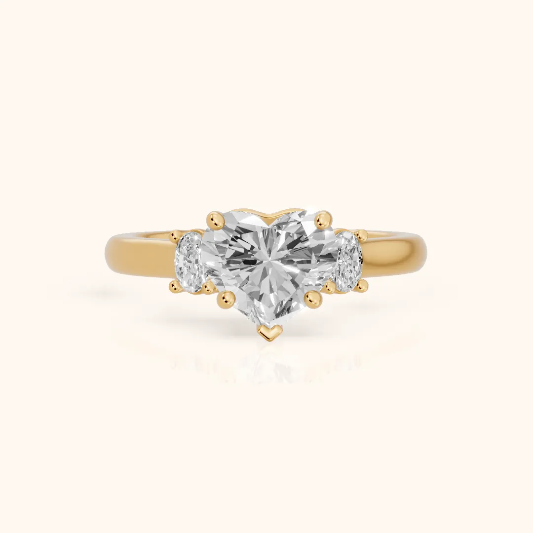 Alya Three-Stone Cathedral Heart Diamond Engagement Ring in Yellow Gold — view 2