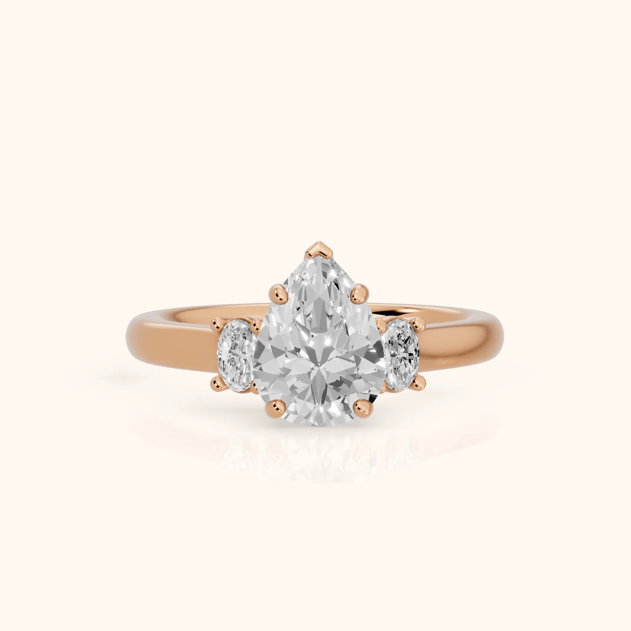 Alya Three-Stone Cathedral Pear Diamond Engagement Ring in Rose Gold — view 1