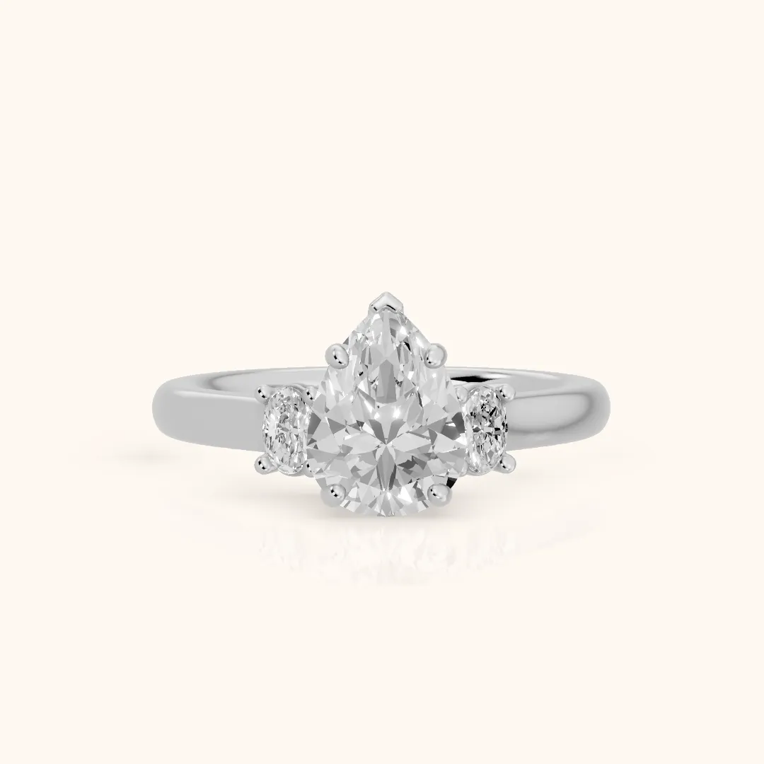 Alya Three-Stone Cathedral Pear Diamond Engagement Ring in Platinum — view 2