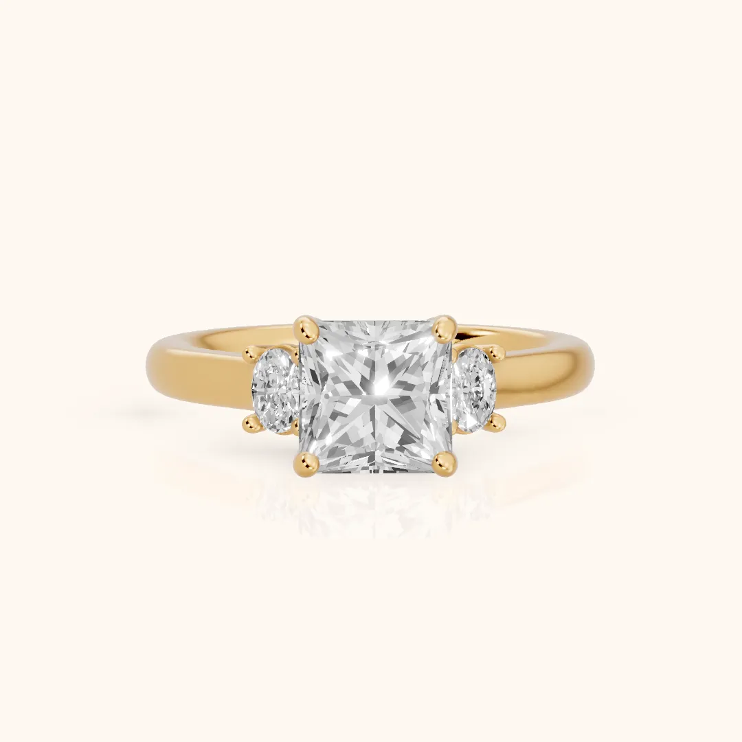 Alya Three-Stone Cathedral Princess Diamond Engagement Ring in Yellow Gold — view 2