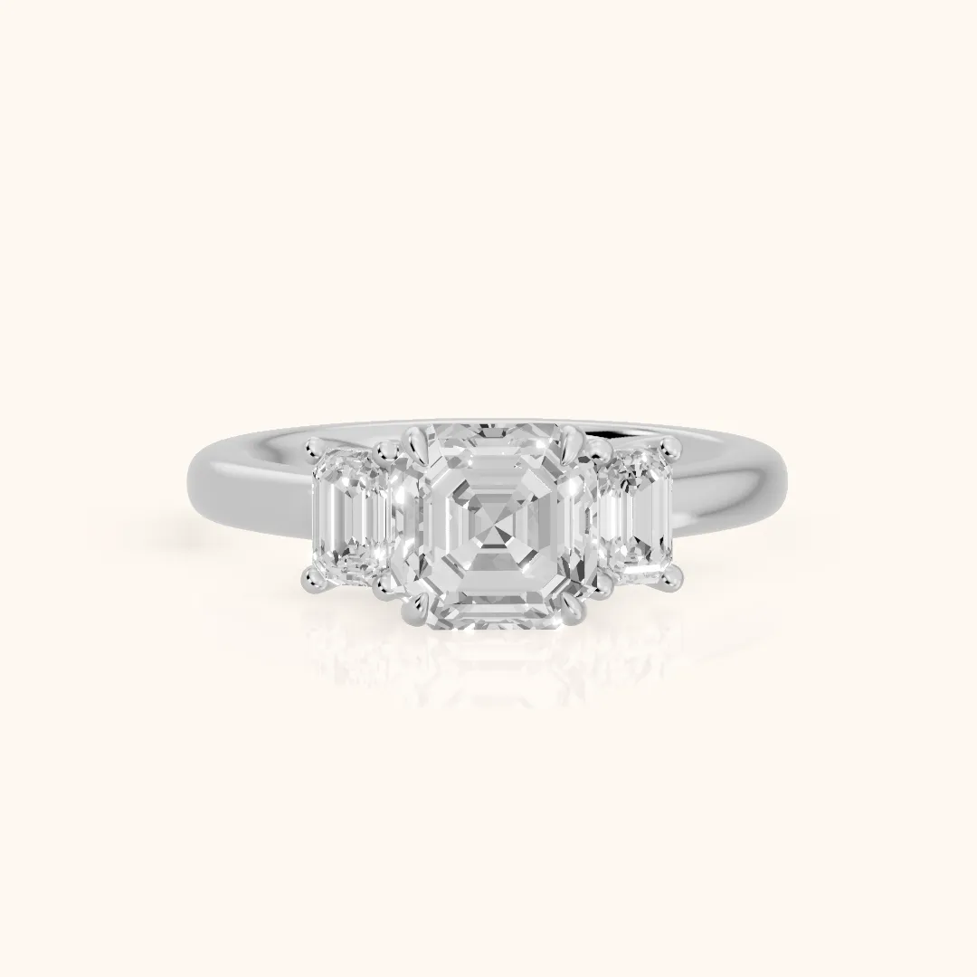 Babette Deco Three-Stone Asscher Diamond Engagement Ring in Silver — view 2