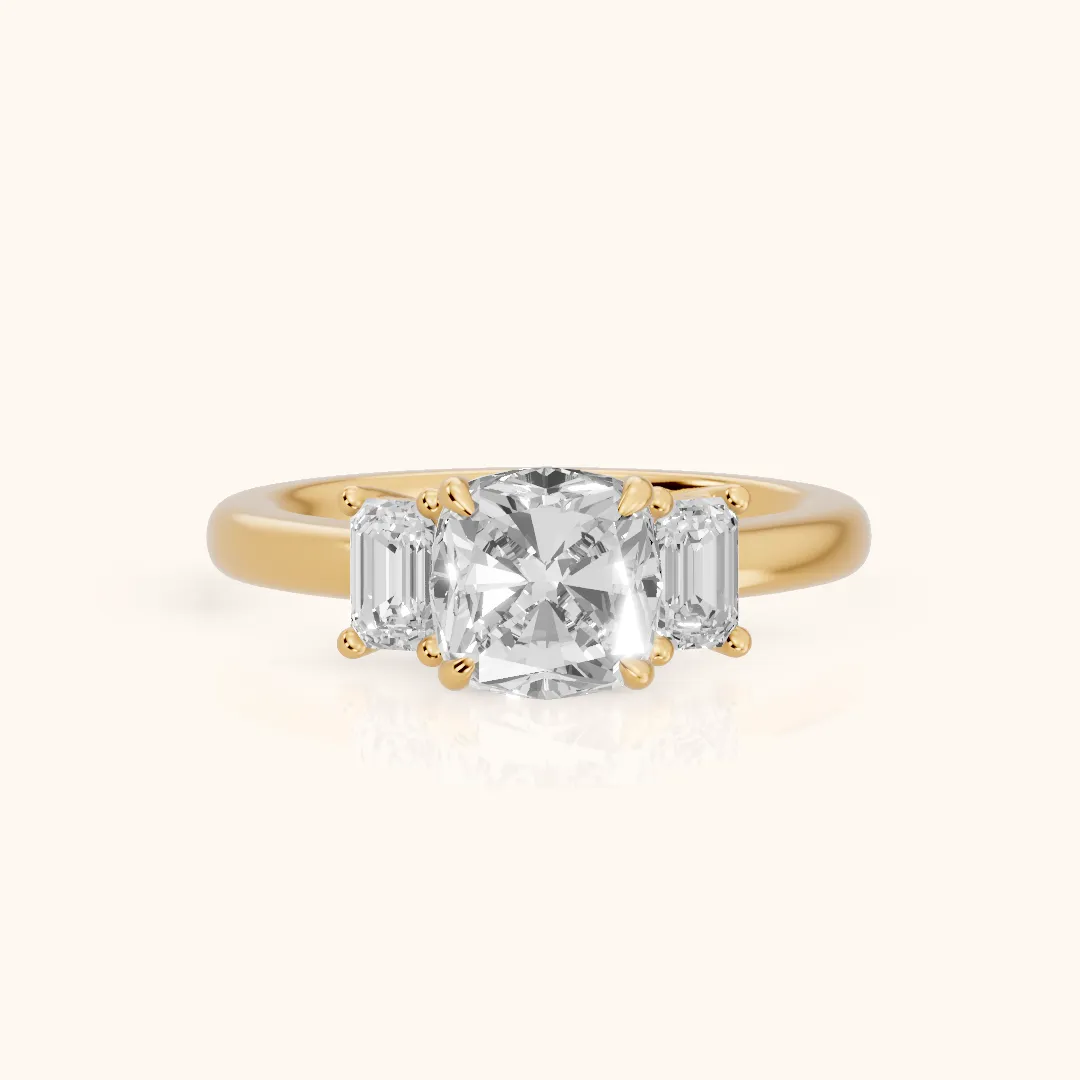 Babette Deco Three-Stone Cushion Diamond Engagement Ring in Yellow Gold — view 2