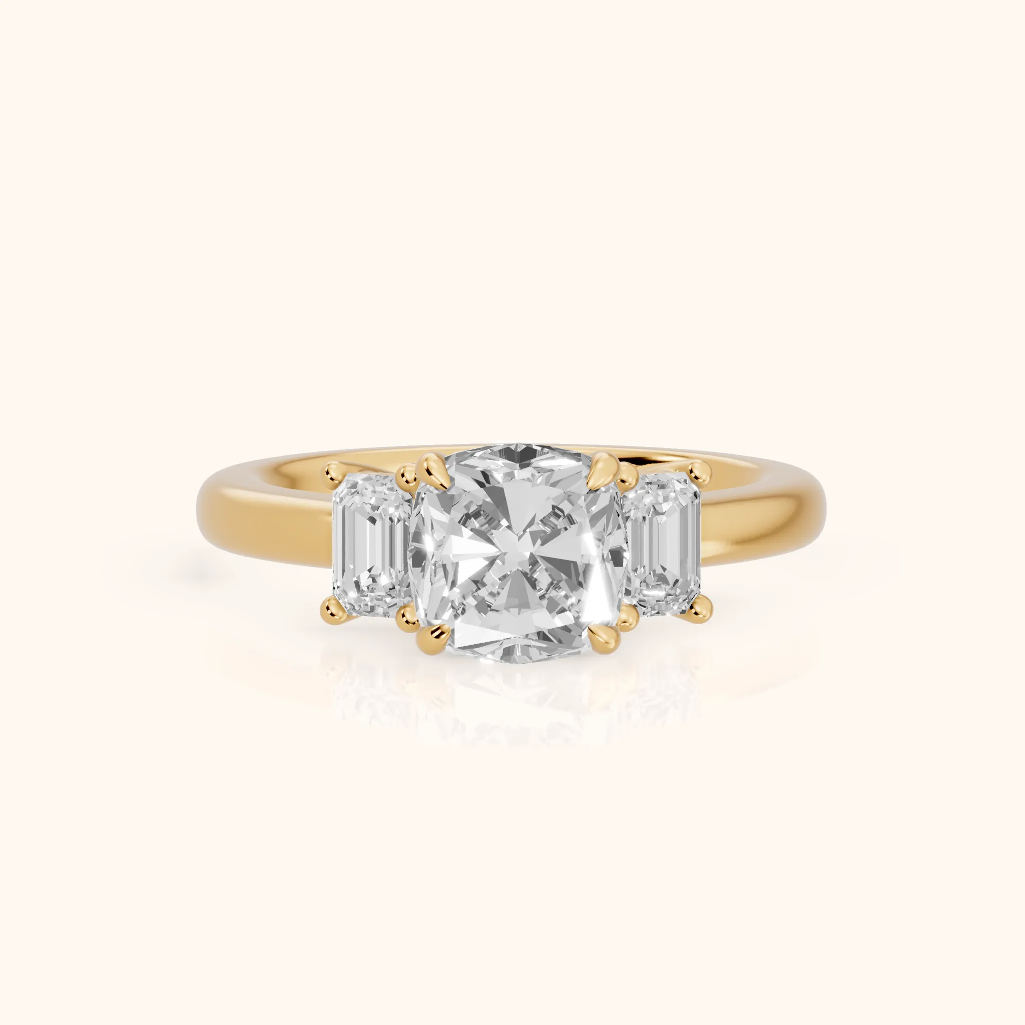 Babette Deco Three-Stone Cushion Diamond Engagement Ring in Yellow Gold — view 1