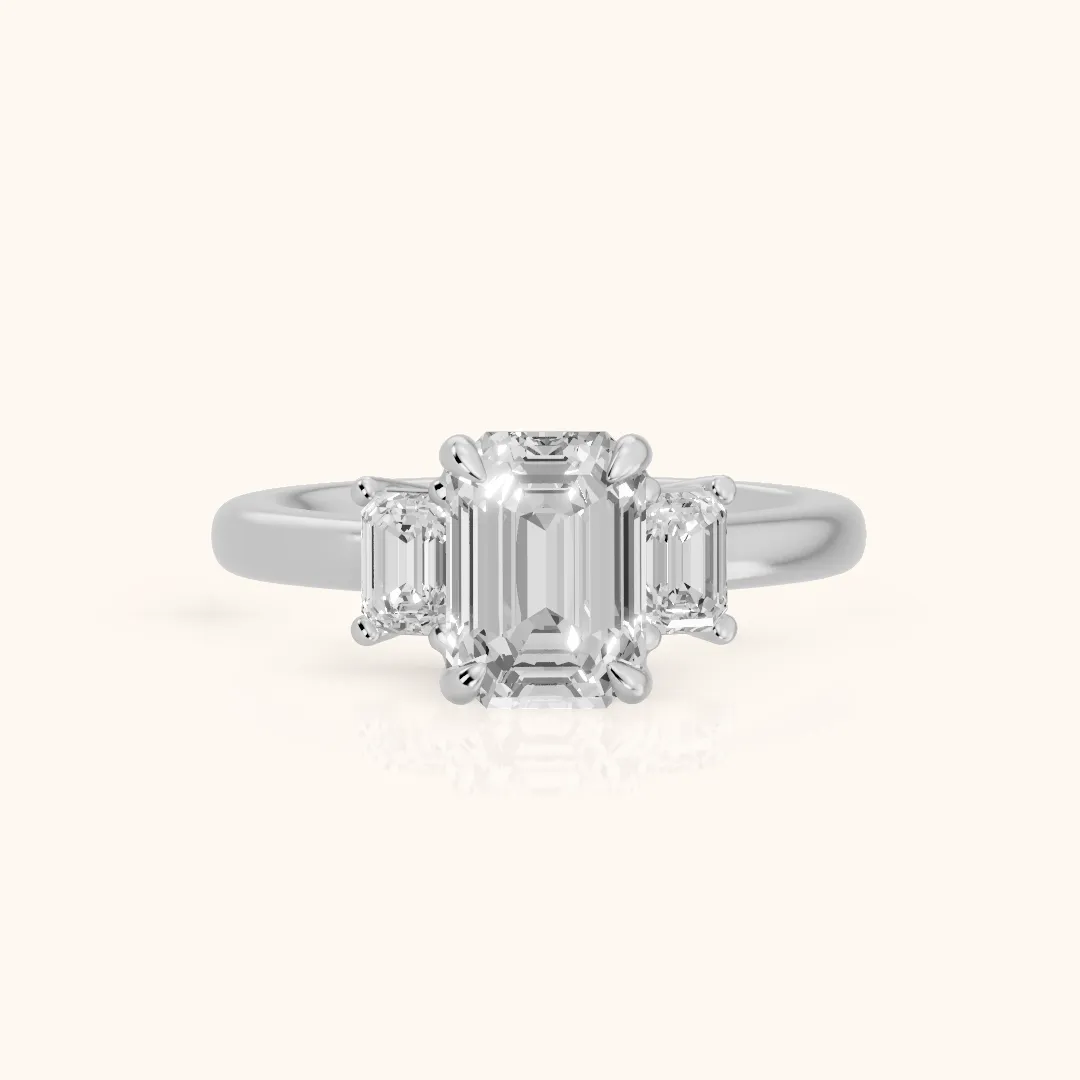 Babette Deco Three-Stone Emerald Diamond Engagement Ring in Silver — view 2