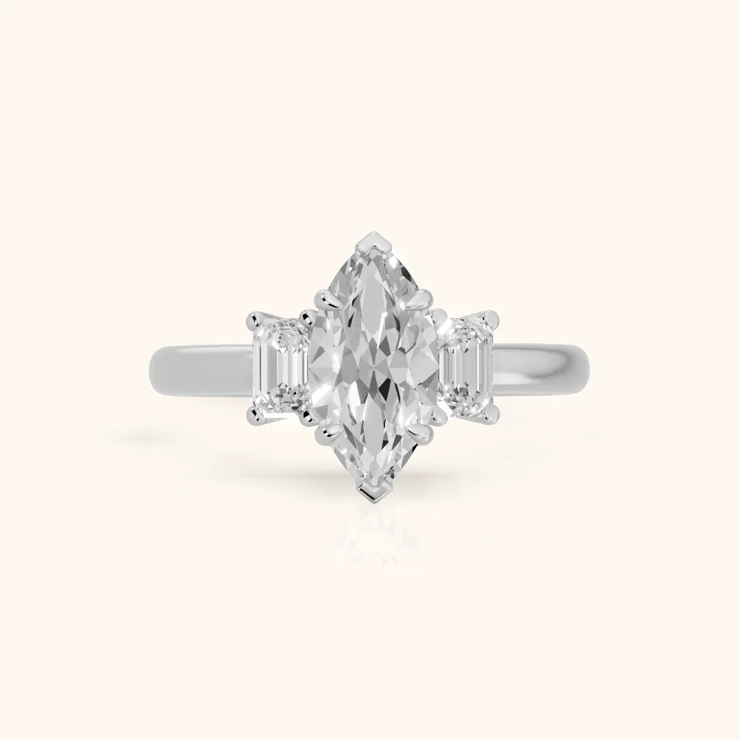 Babette Deco Three-Stone Marquise Diamond Engagement Ring in Platinum — view 2