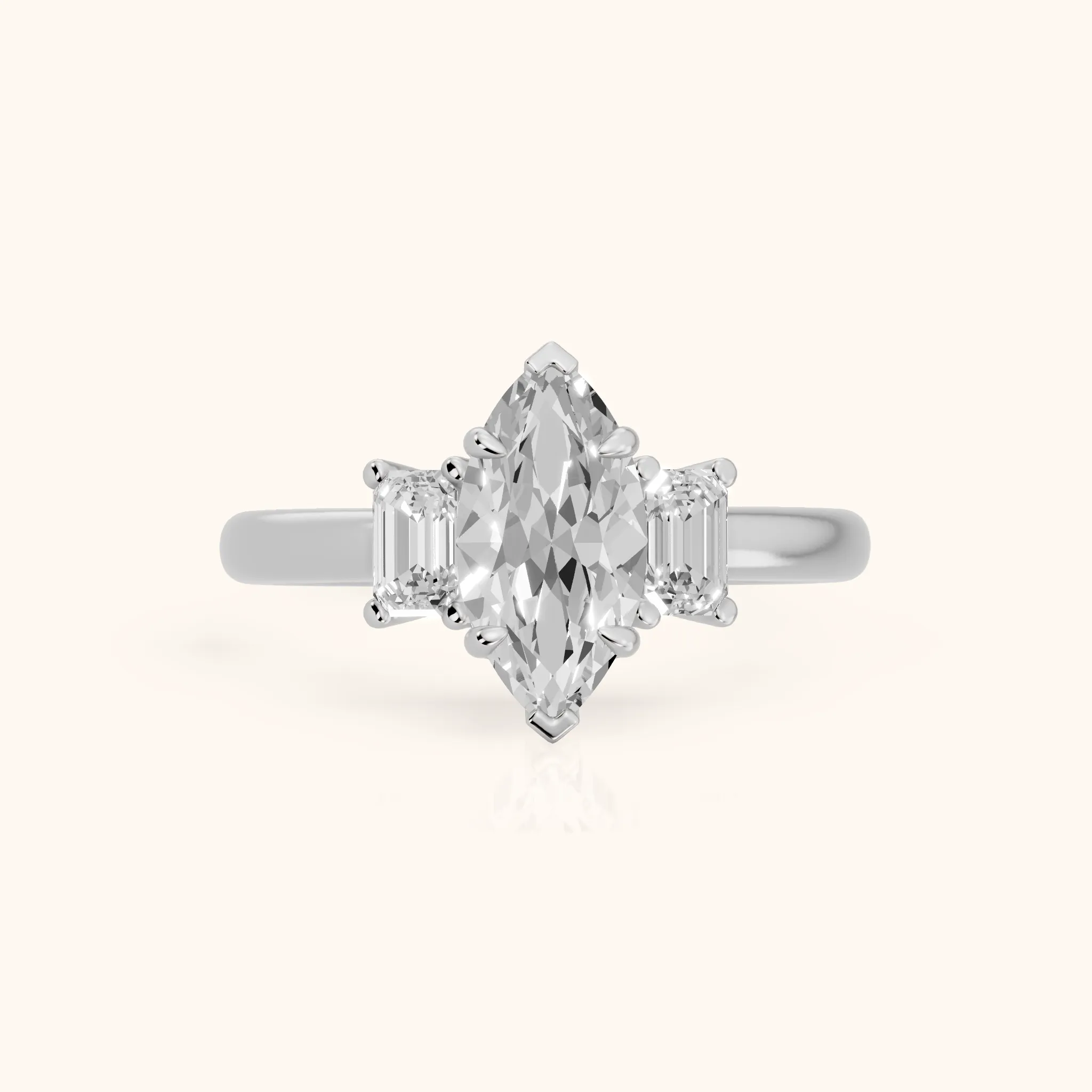 Babette Deco Three-Stone Marquise Diamond Engagement Ring in Platinum — view 1