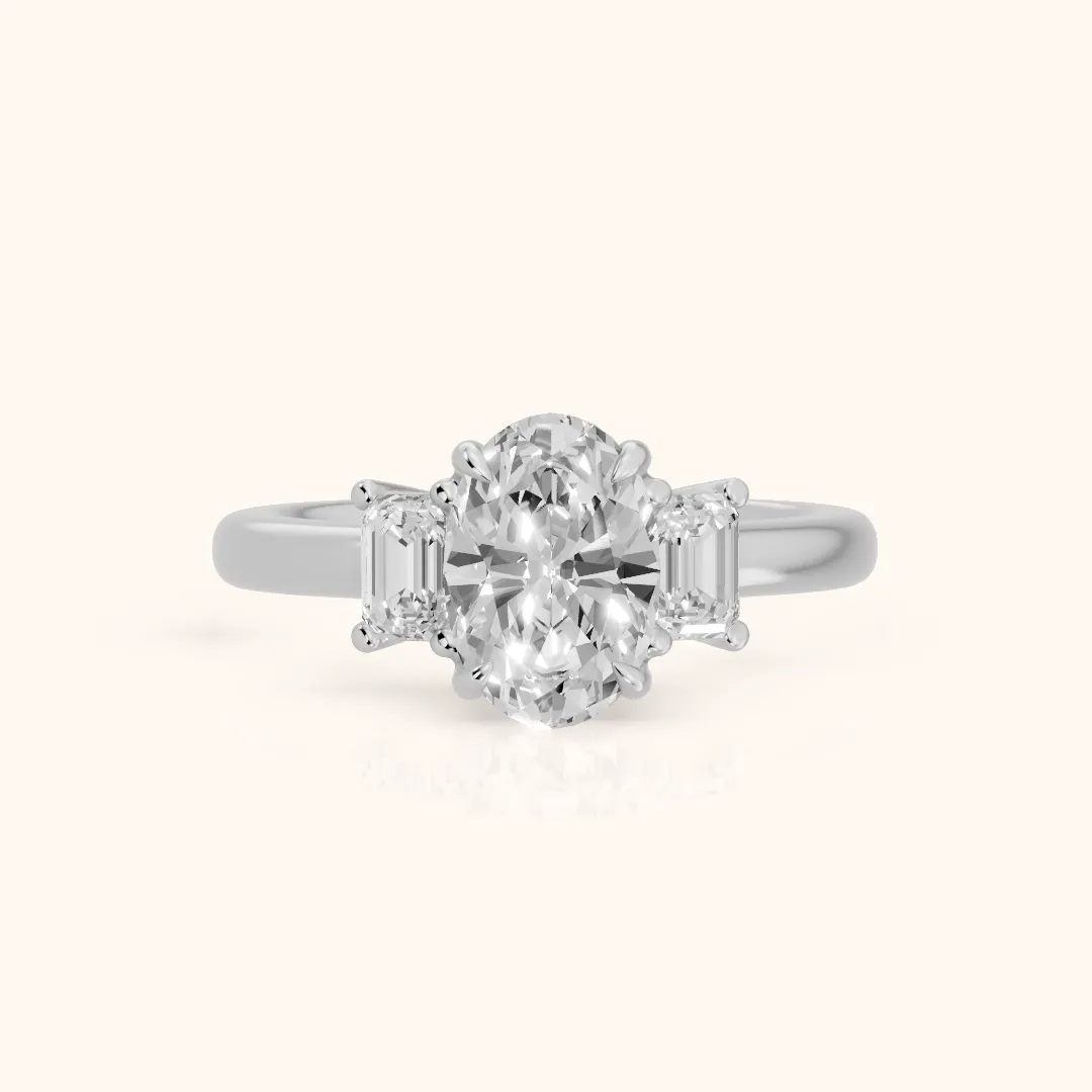 Babette Deco Three-Stone Oval Diamond Engagement Ring in Platinum — view 2