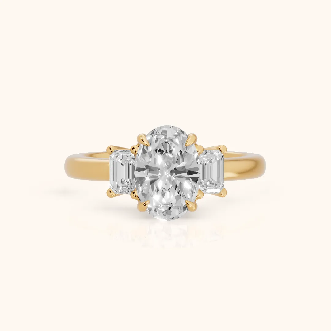 Babette Deco Three-Stone Oval Diamond Engagement Ring in Yellow Gold — view 2