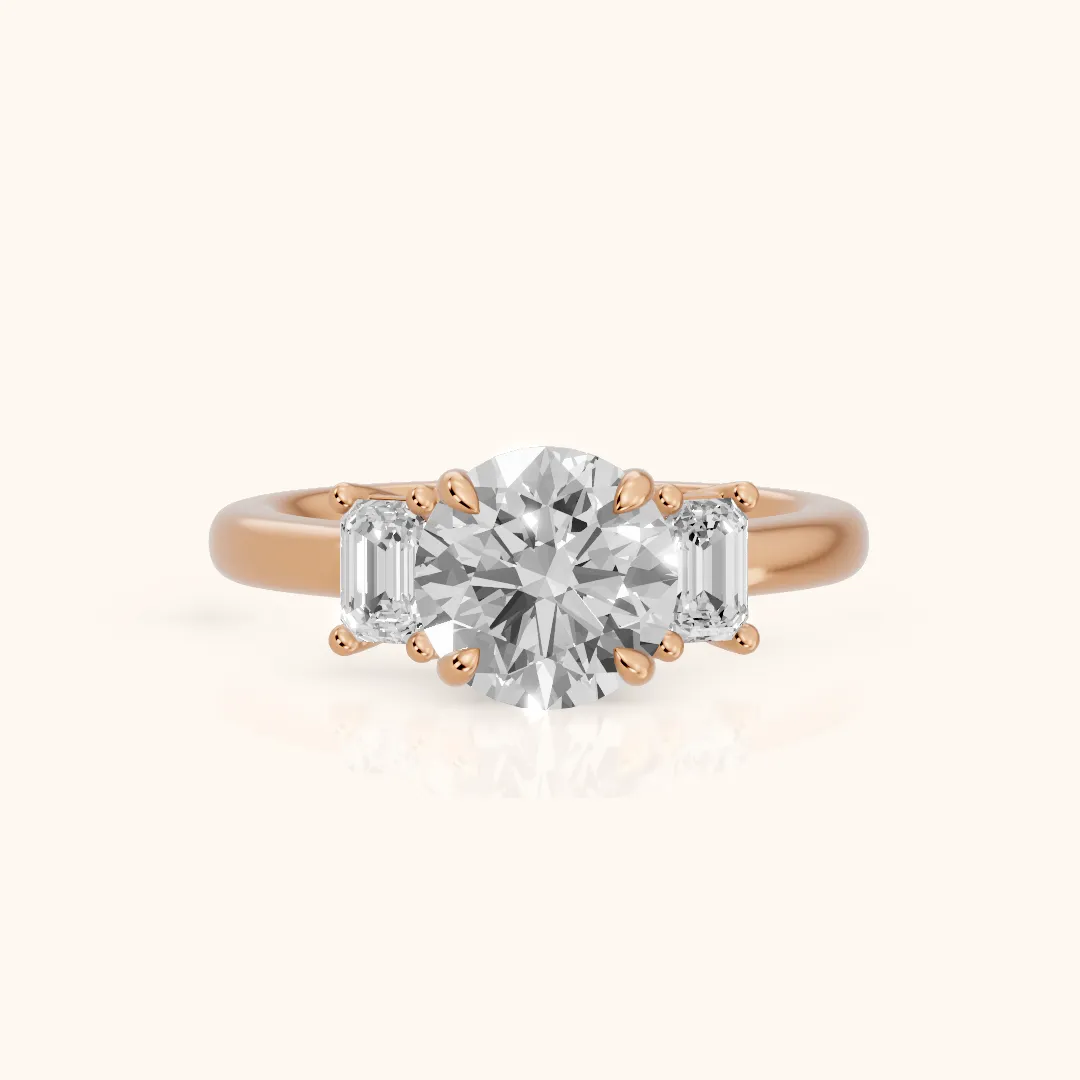 Babette Deco Three-Stone Round Diamond Engagement Ring in Rose Gold — view 2