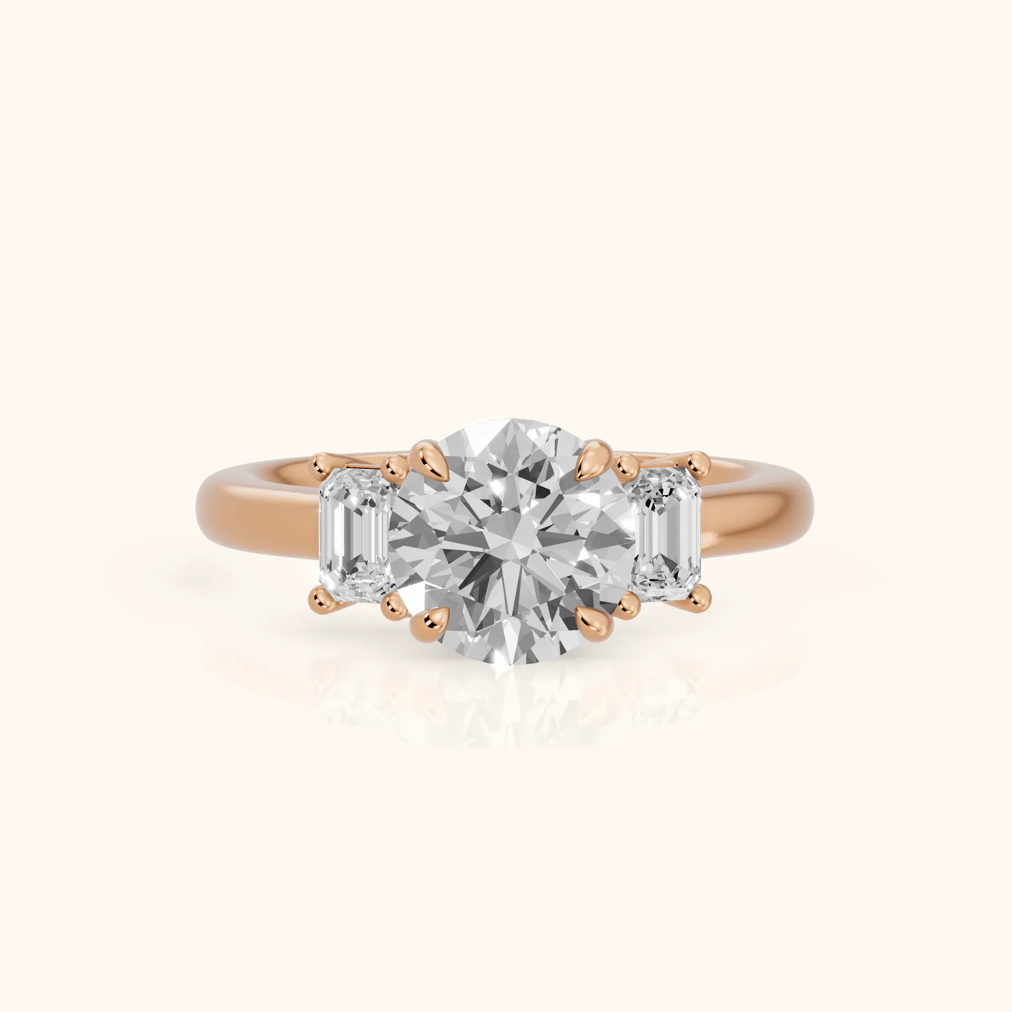 Babette Deco Three-Stone Round Diamond Engagement Ring in Rose Gold — view 1