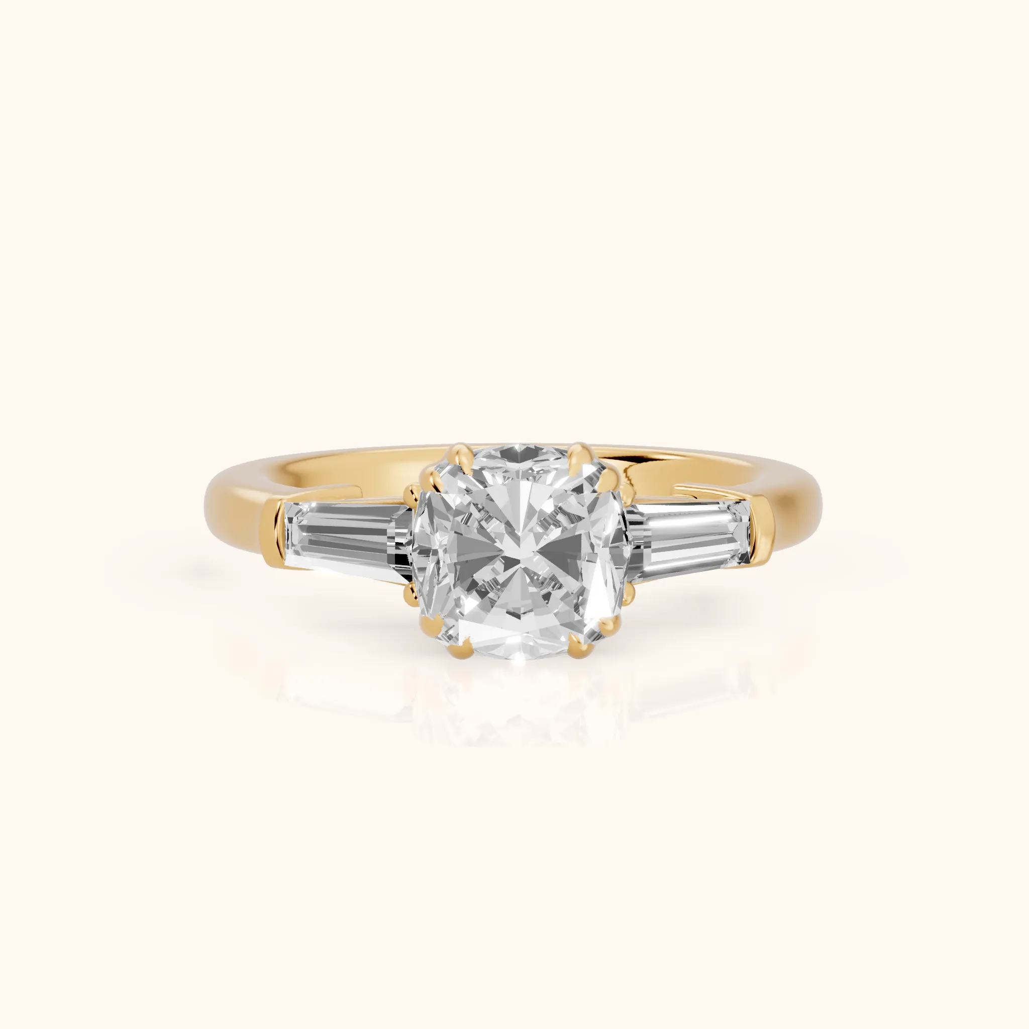 Betsy Baguette Three-Stone Cushion Diamond Engagement Ring in Yellow Gold — view 1