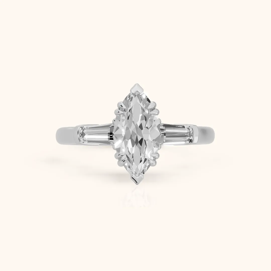 Betsy Baguette Three-Stone Marquise Diamond Engagement Ring in Silver — view 2
