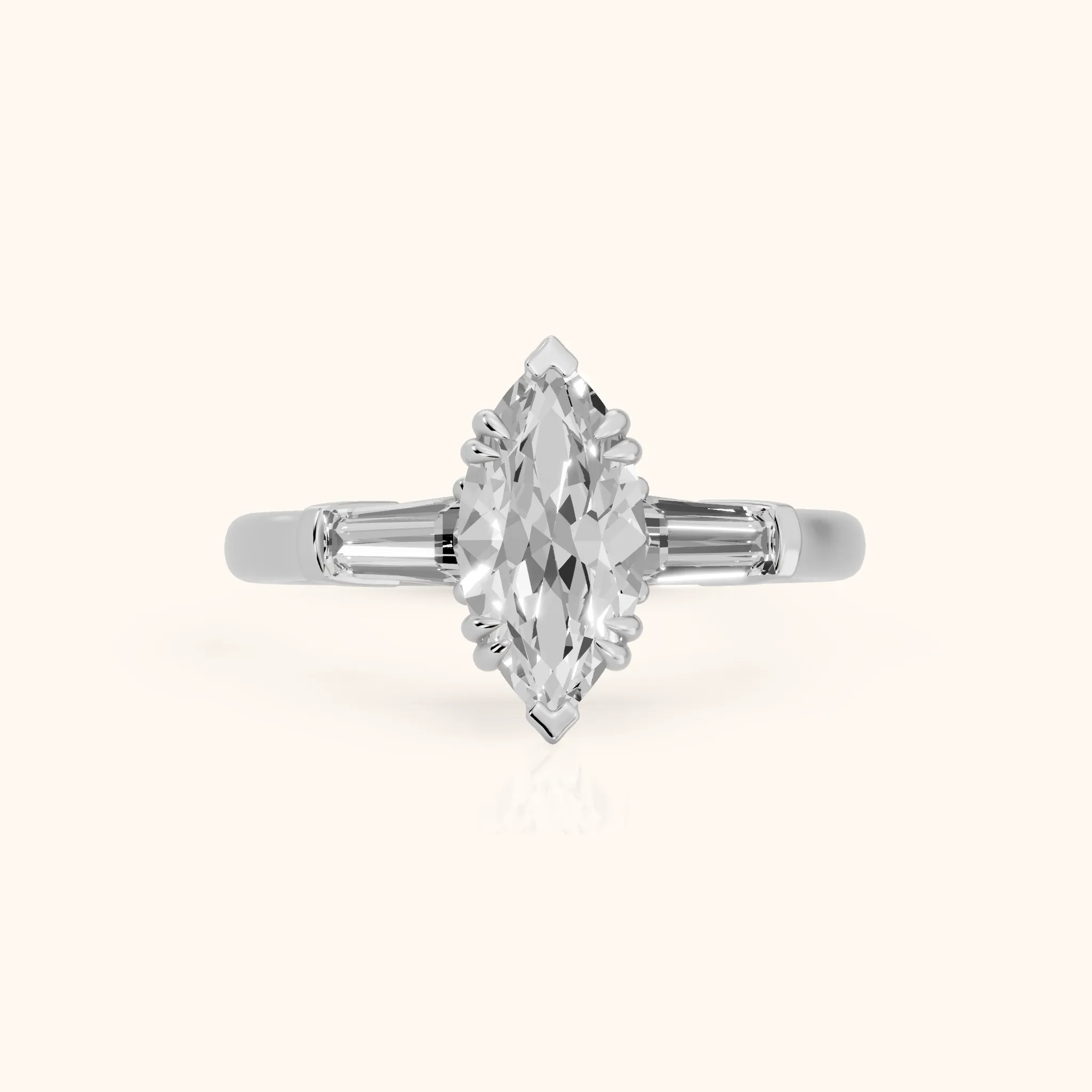 Betsy Baguette Three-Stone Marquise Diamond Engagement Ring in Silver — view 1