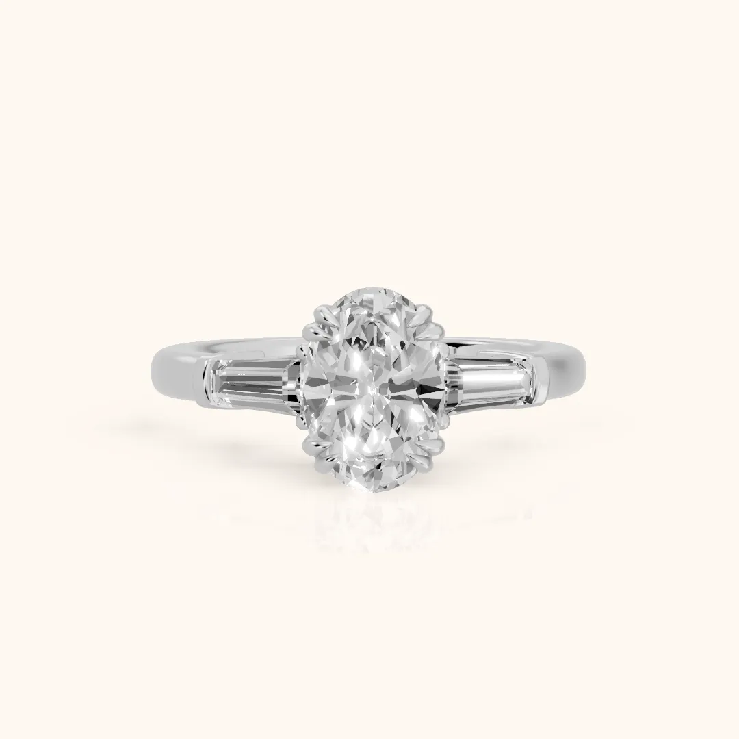 Betsy Baguette Three-Stone Oval Diamond Engagement Ring in Silver — view 2