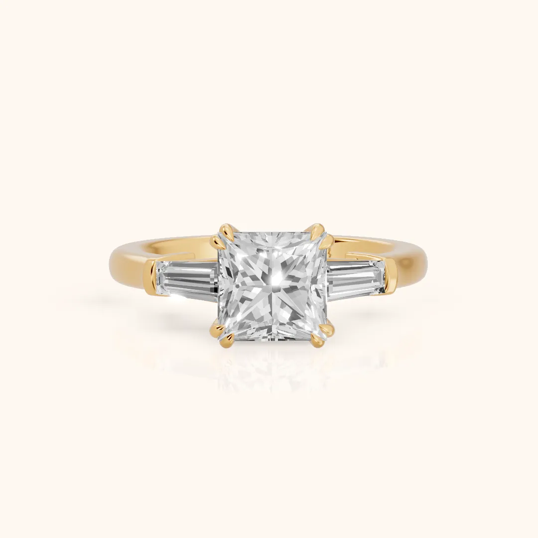 Betsy Baguette Three-Stone Princess Diamond Engagement Ring in Yellow Gold — view 2