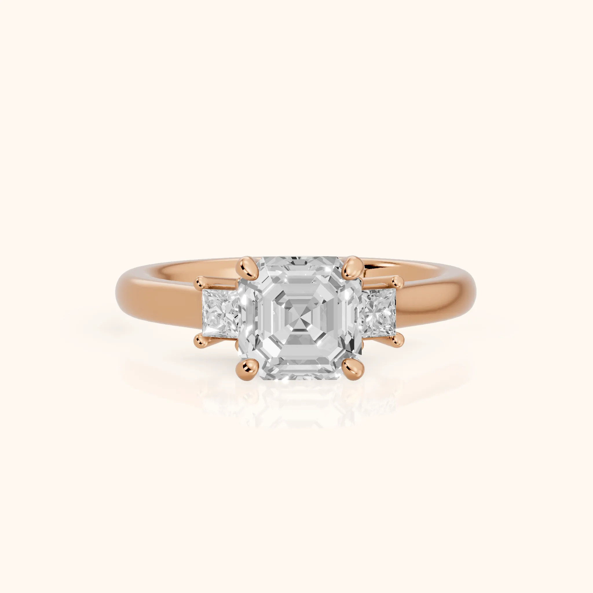 Brenna Three-Stone Asscher Diamond Engagement Ring in Rose Gold — view 1