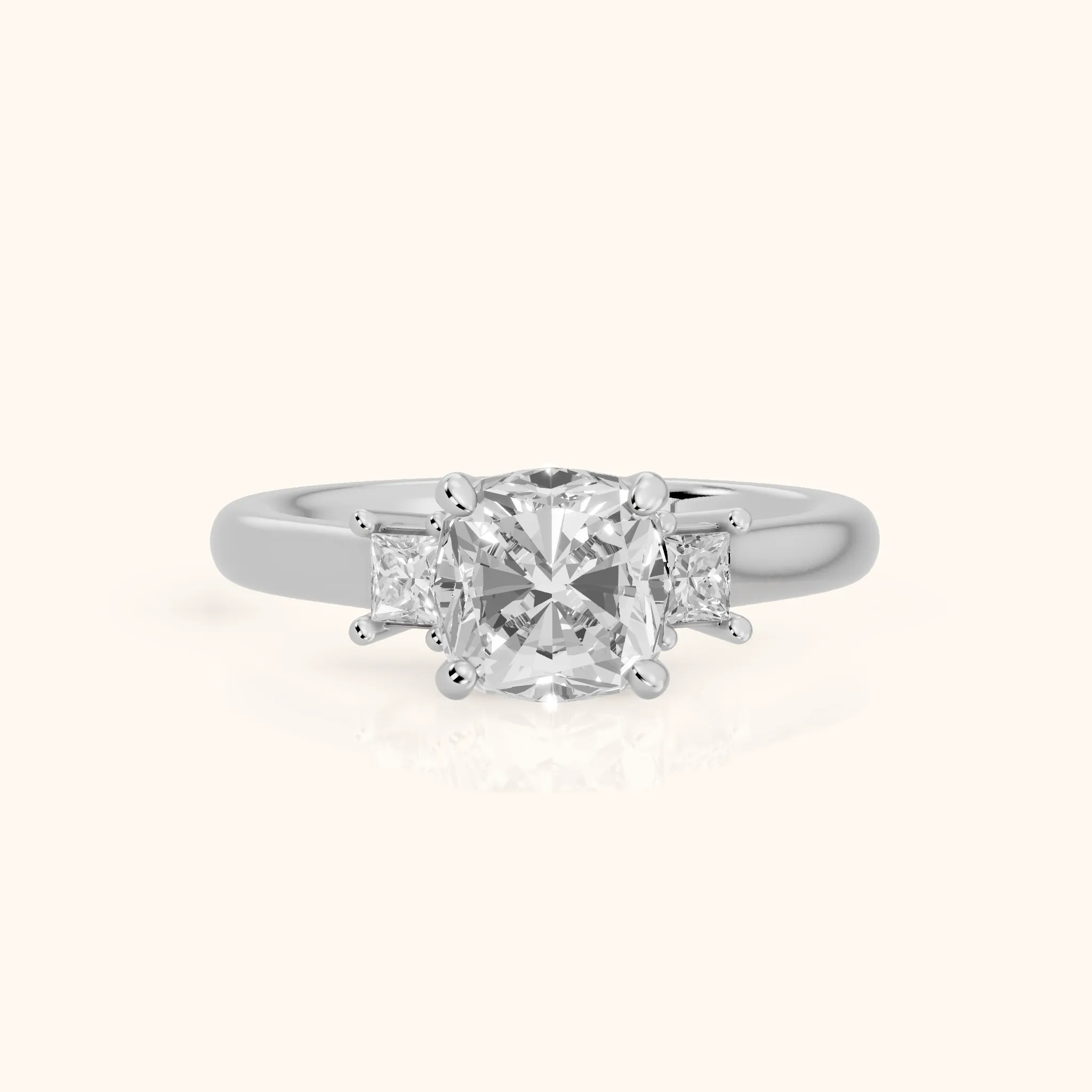 Brenna Three-Stone Cushion Diamond Engagement Ring in Platinum — view 1