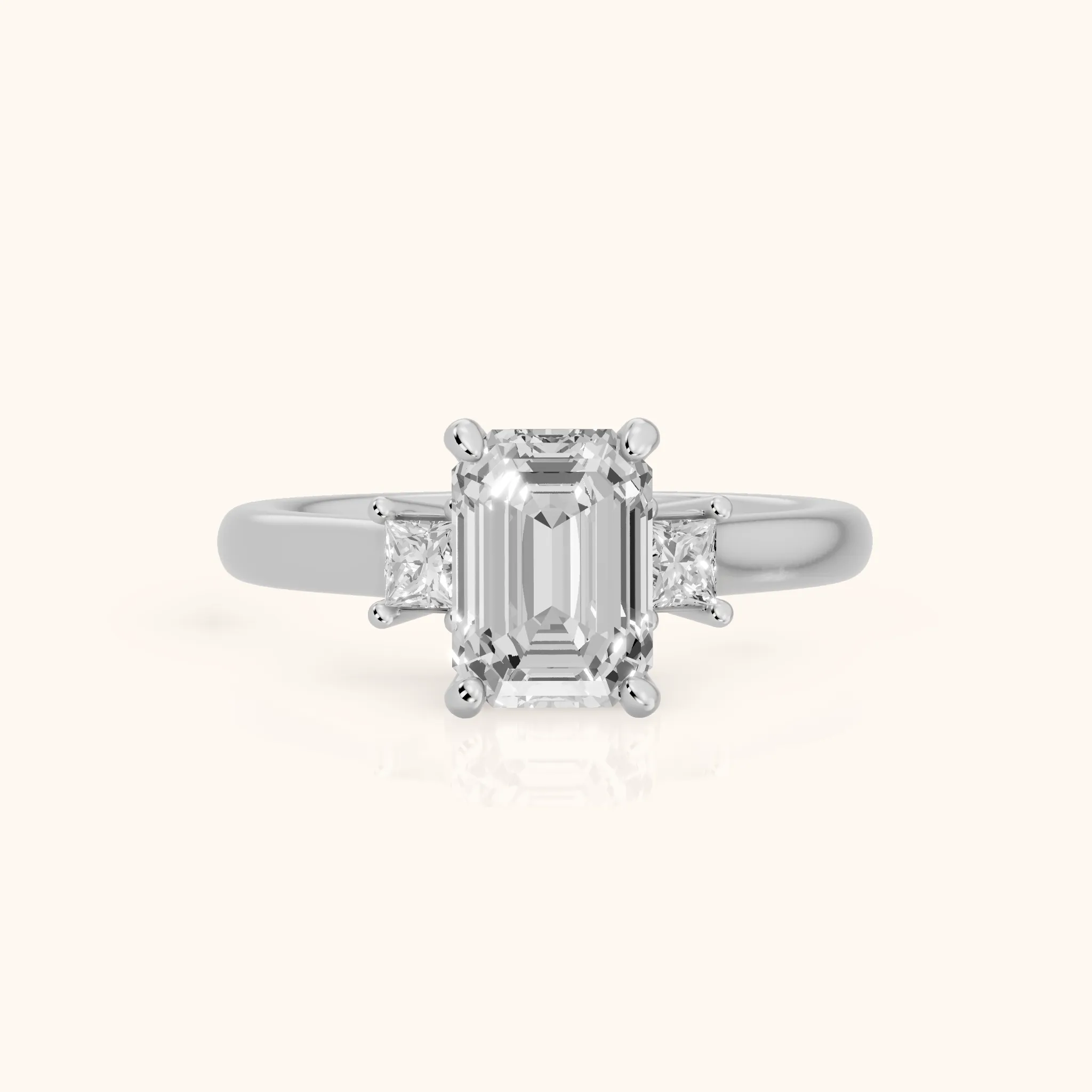 Brenna Three-Stone Emerald Diamond Engagement Ring in White Gold — view 1