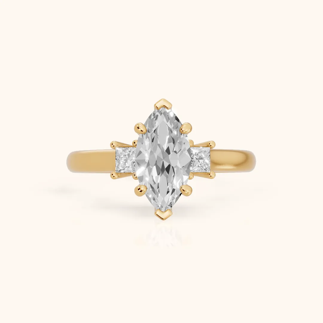 Brenna Three-Stone Marquise Diamond Engagement Ring in Yellow Gold — view 2