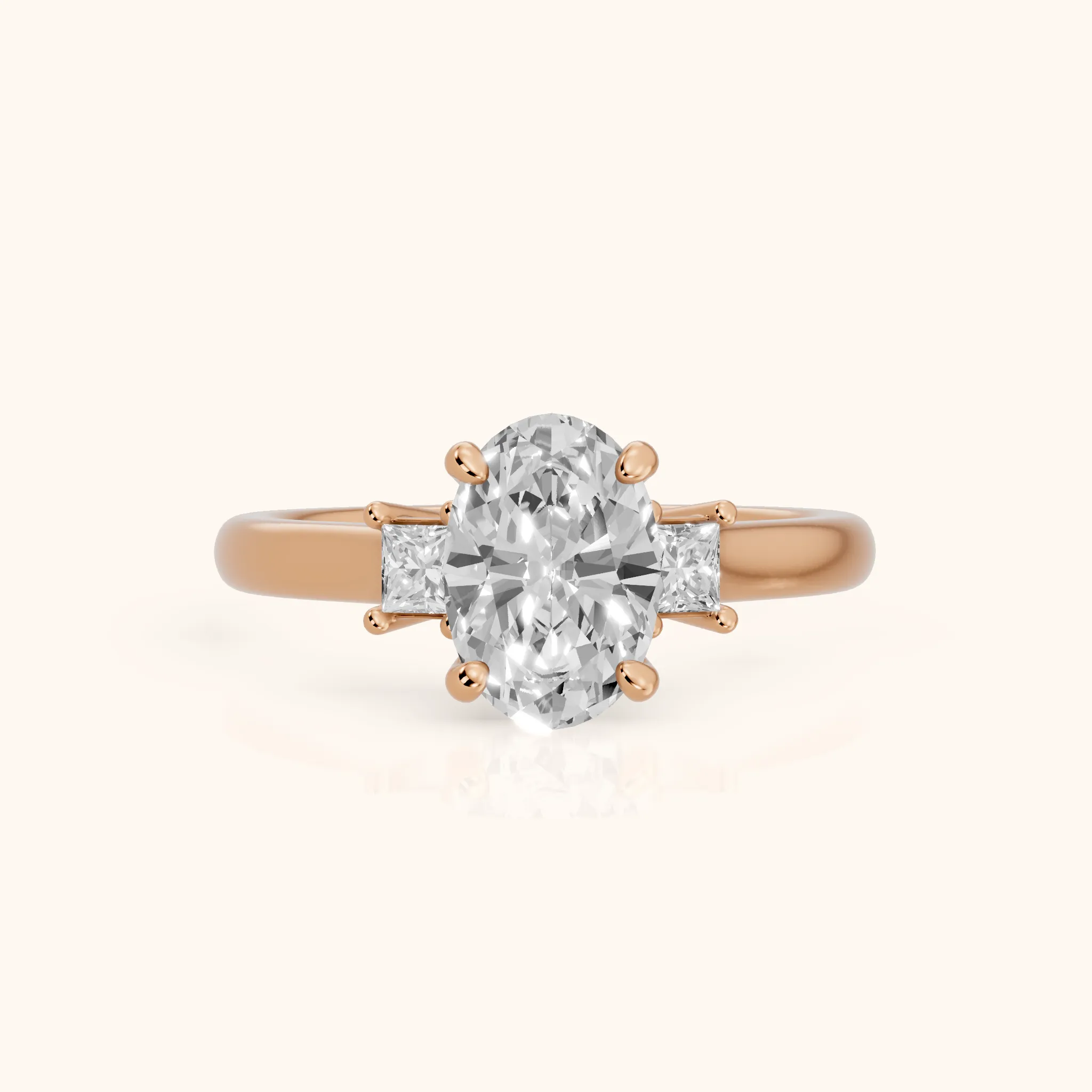 Brenna Three-Stone Oval Diamond Engagement Ring in Rose Gold — view 1