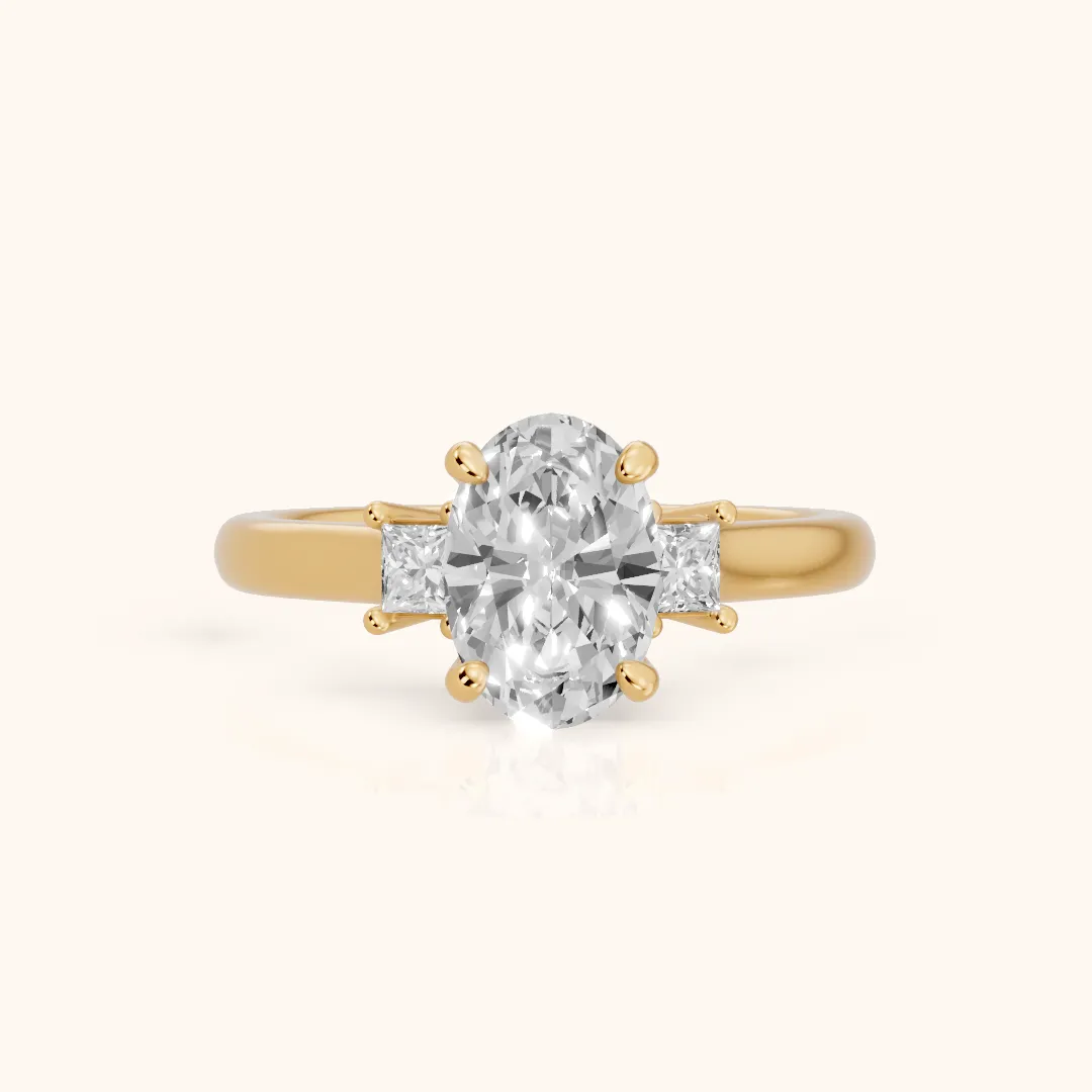 Brenna Three-Stone Oval Diamond Engagement Ring in Yellow Gold — view 2