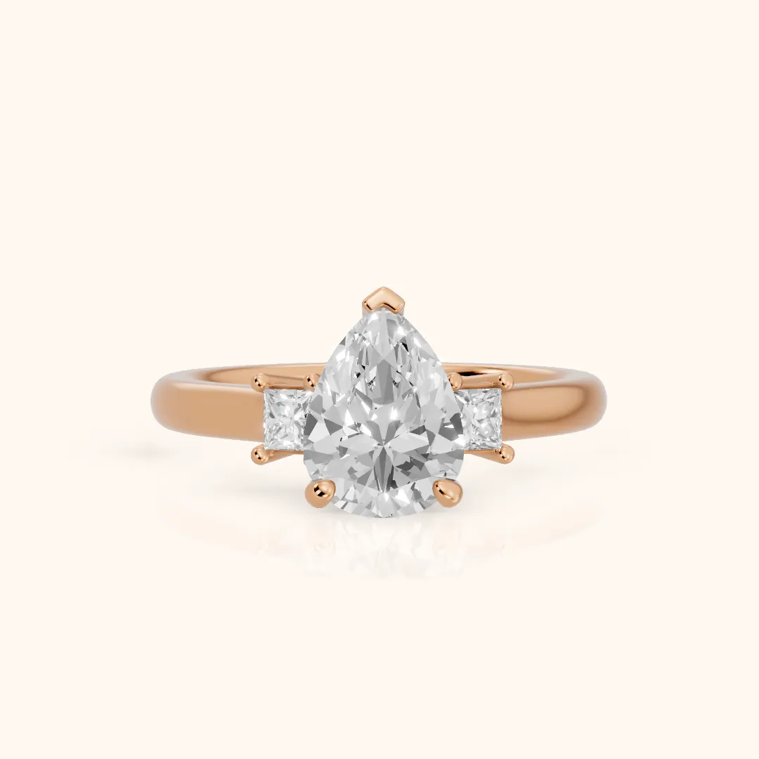Brenna Three-Stone Pear Diamond Engagement Ring in Rose Gold — view 2